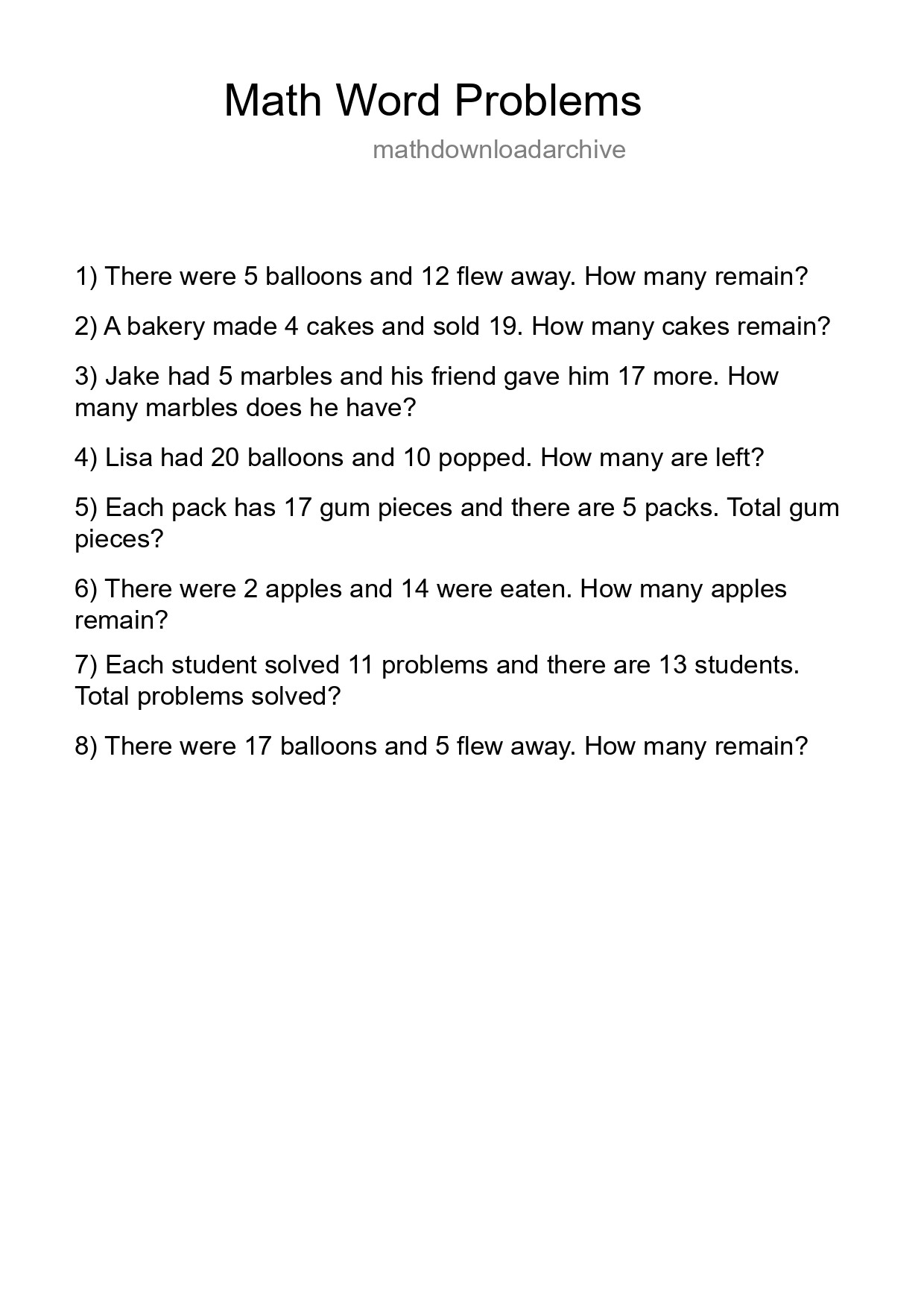 Math Word Problem Worksheet