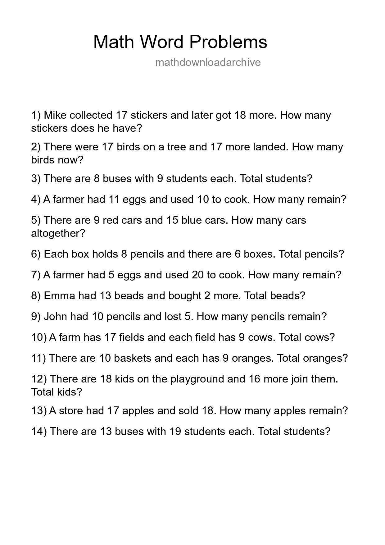 Math Word Problem Worksheet
