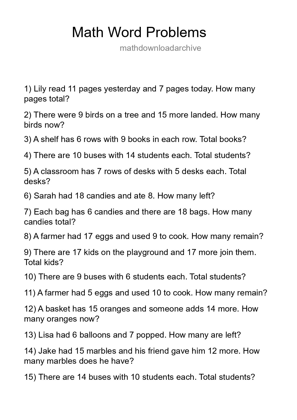 Math Word Problem Worksheet
