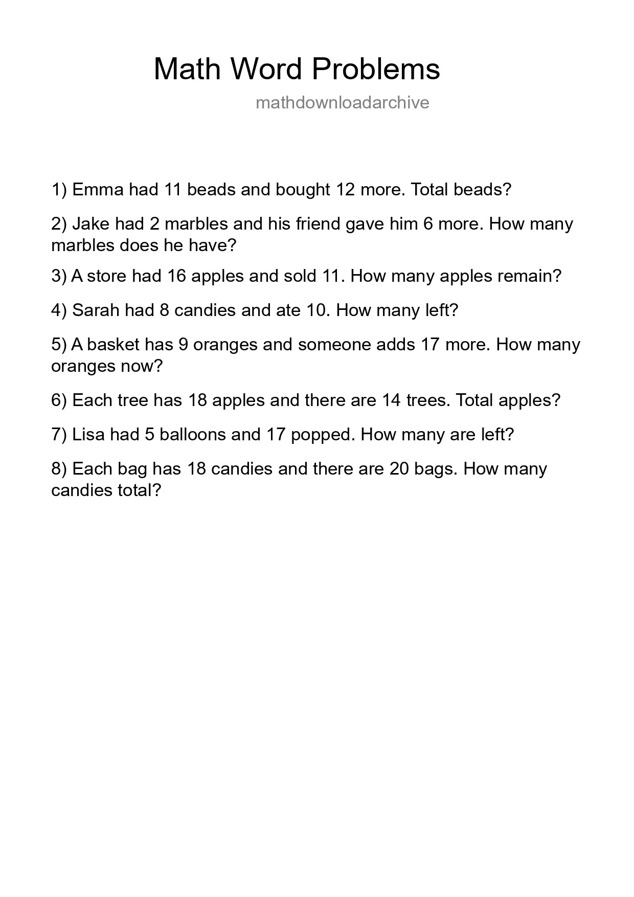 Math Word Problem Worksheet