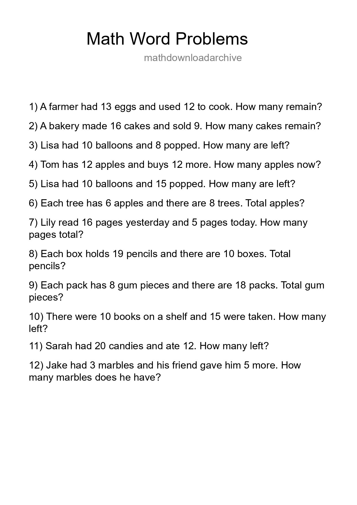 Math Word Problem Worksheet