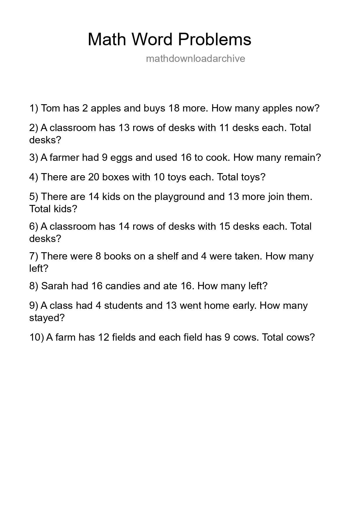 Math Word Problem Worksheet