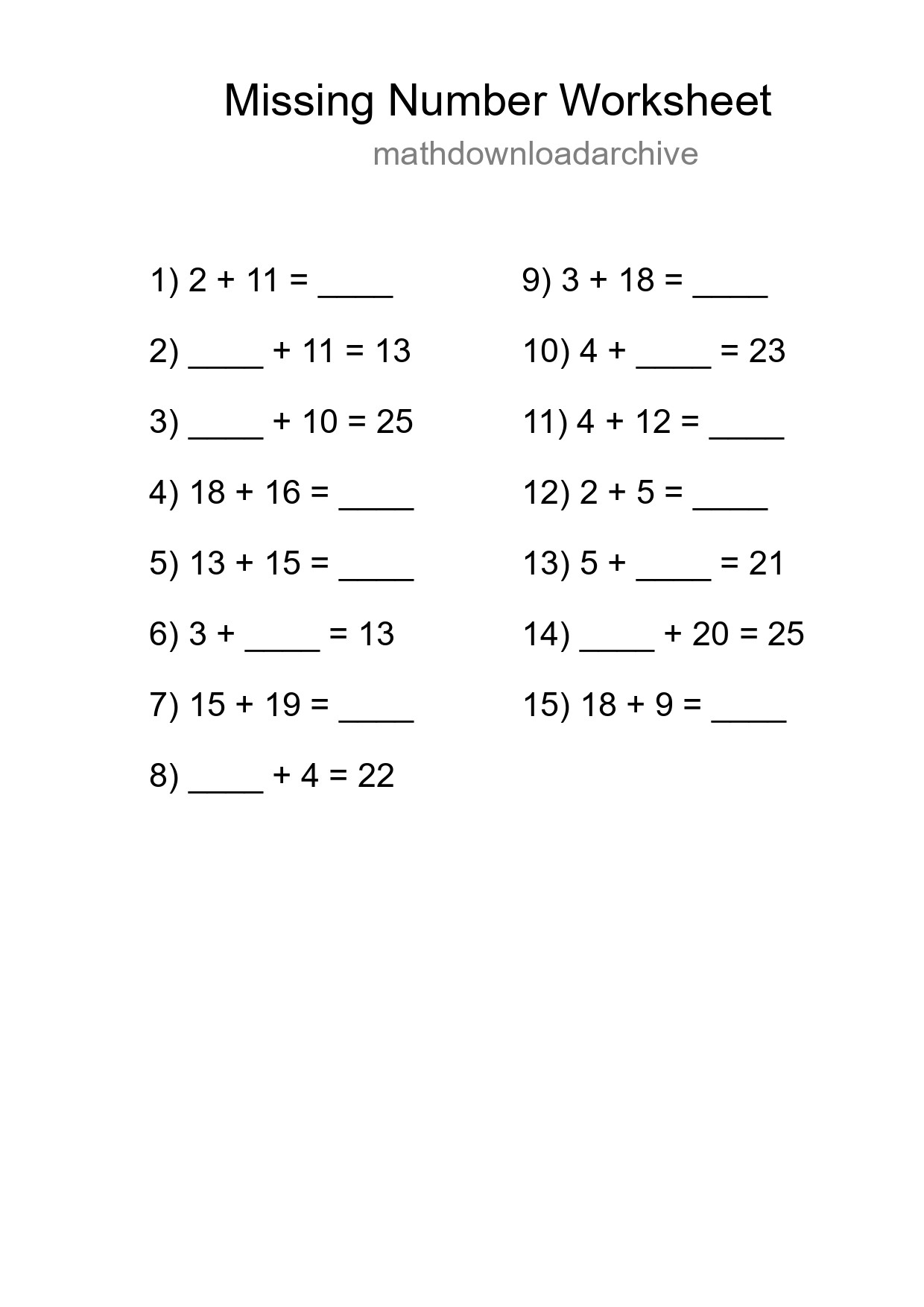Missing Number Math Worksheet