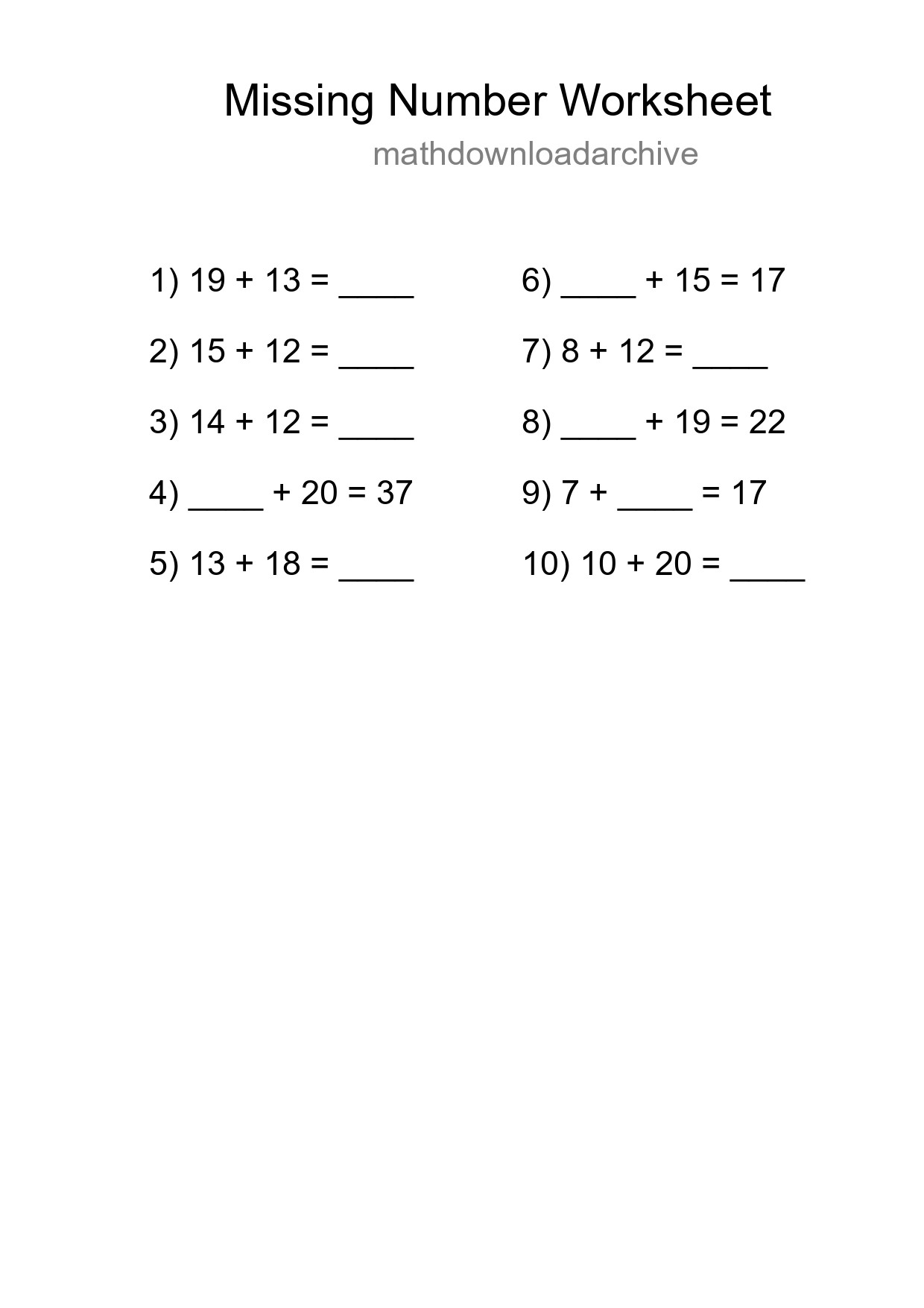 Missing Number Math Worksheet