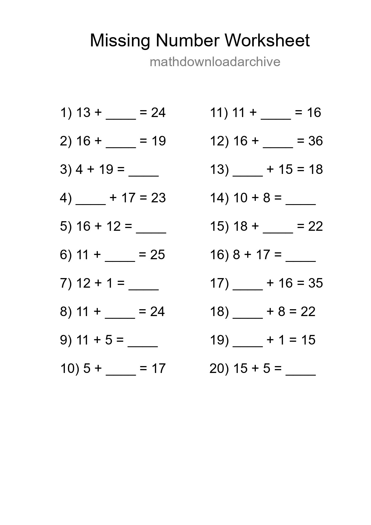 Missing Number Math Worksheet