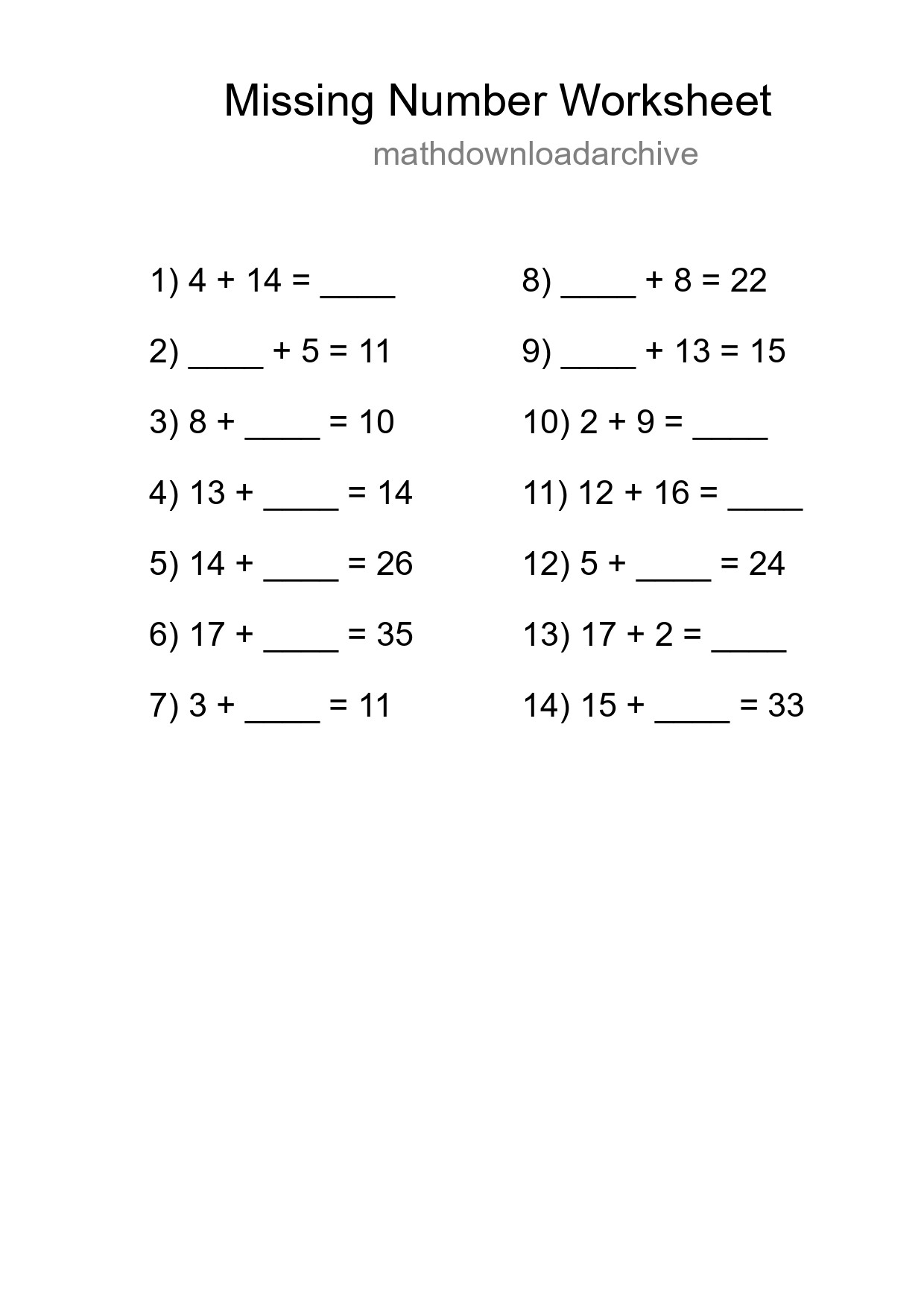 Missing Number Math Worksheet
