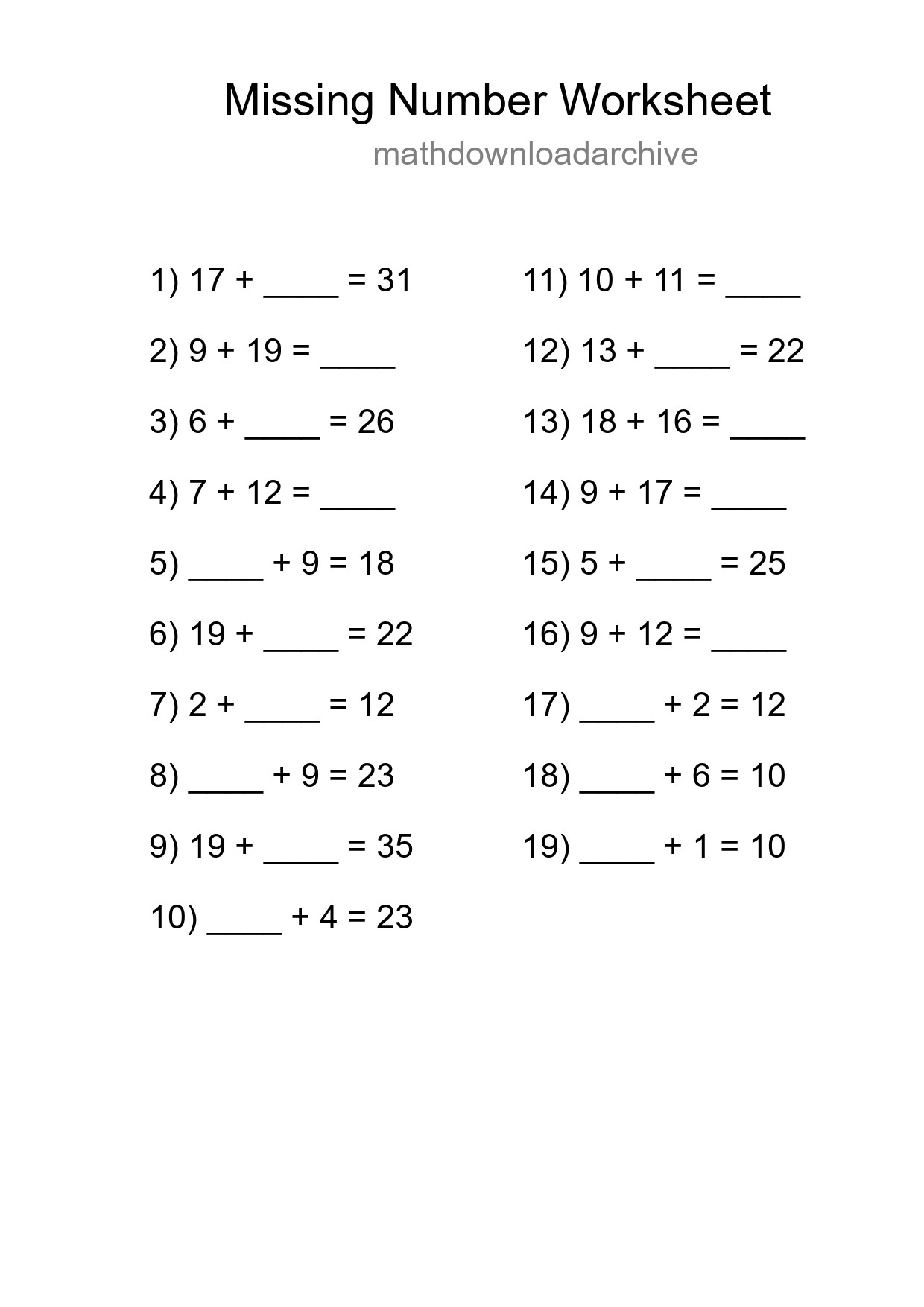 Missing Number Math Worksheet