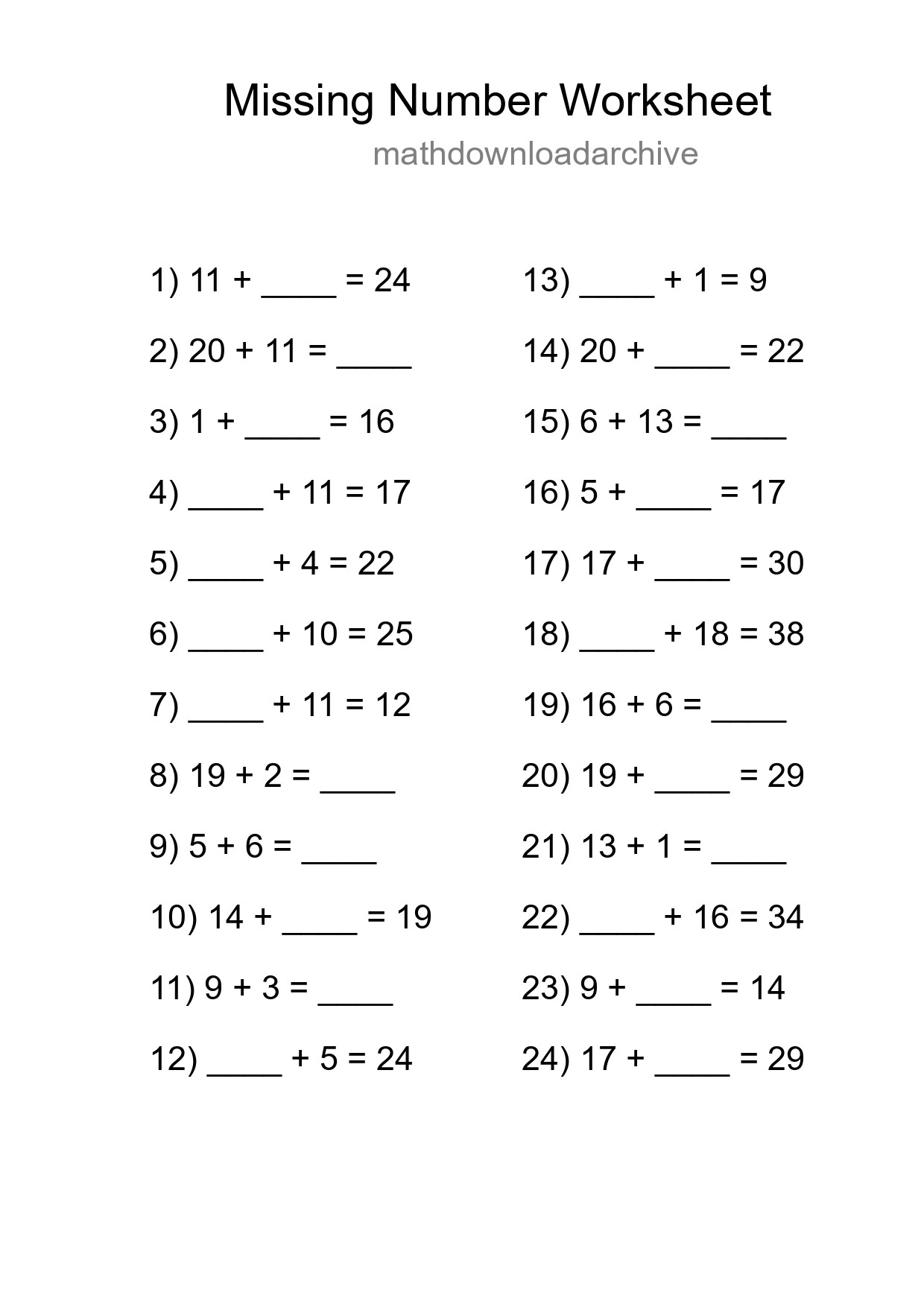 Missing Number Math Worksheet