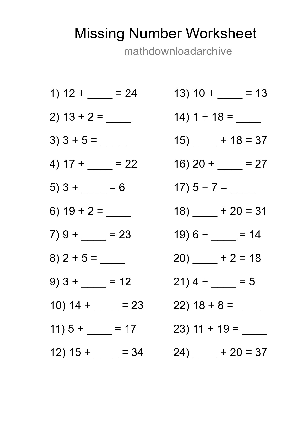 Missing Number Math Worksheet