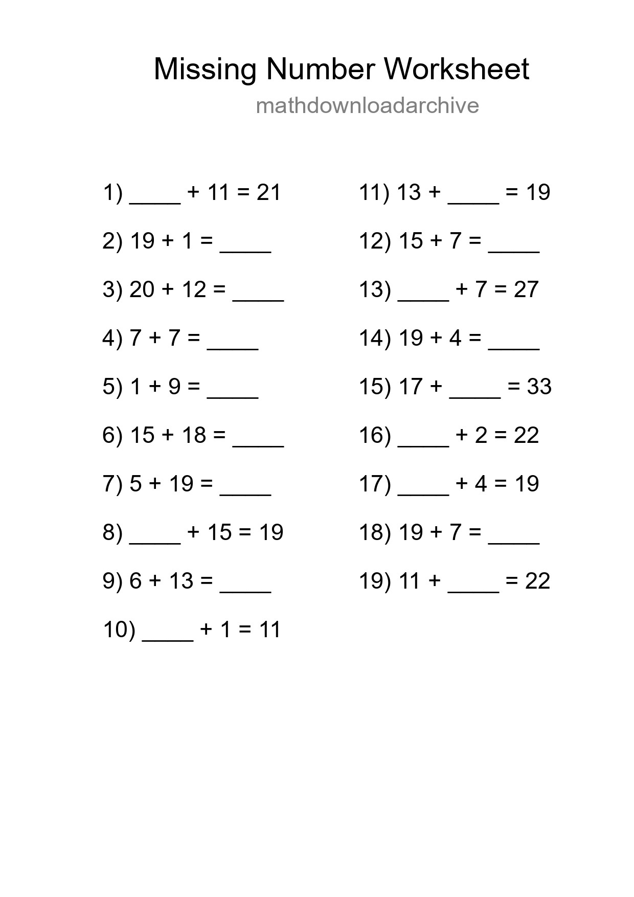 Missing Number Math Worksheet