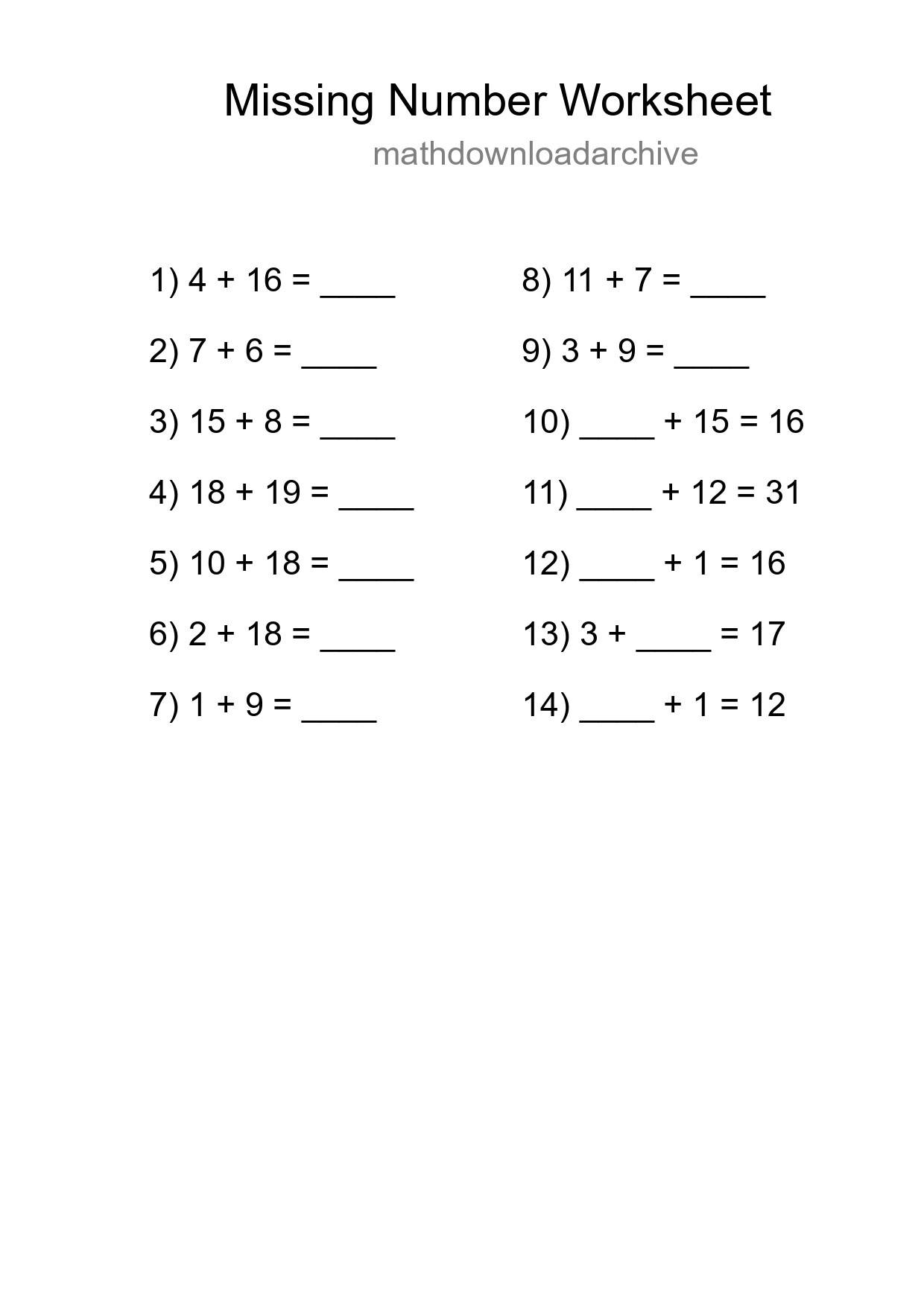 Missing Number Math Worksheet