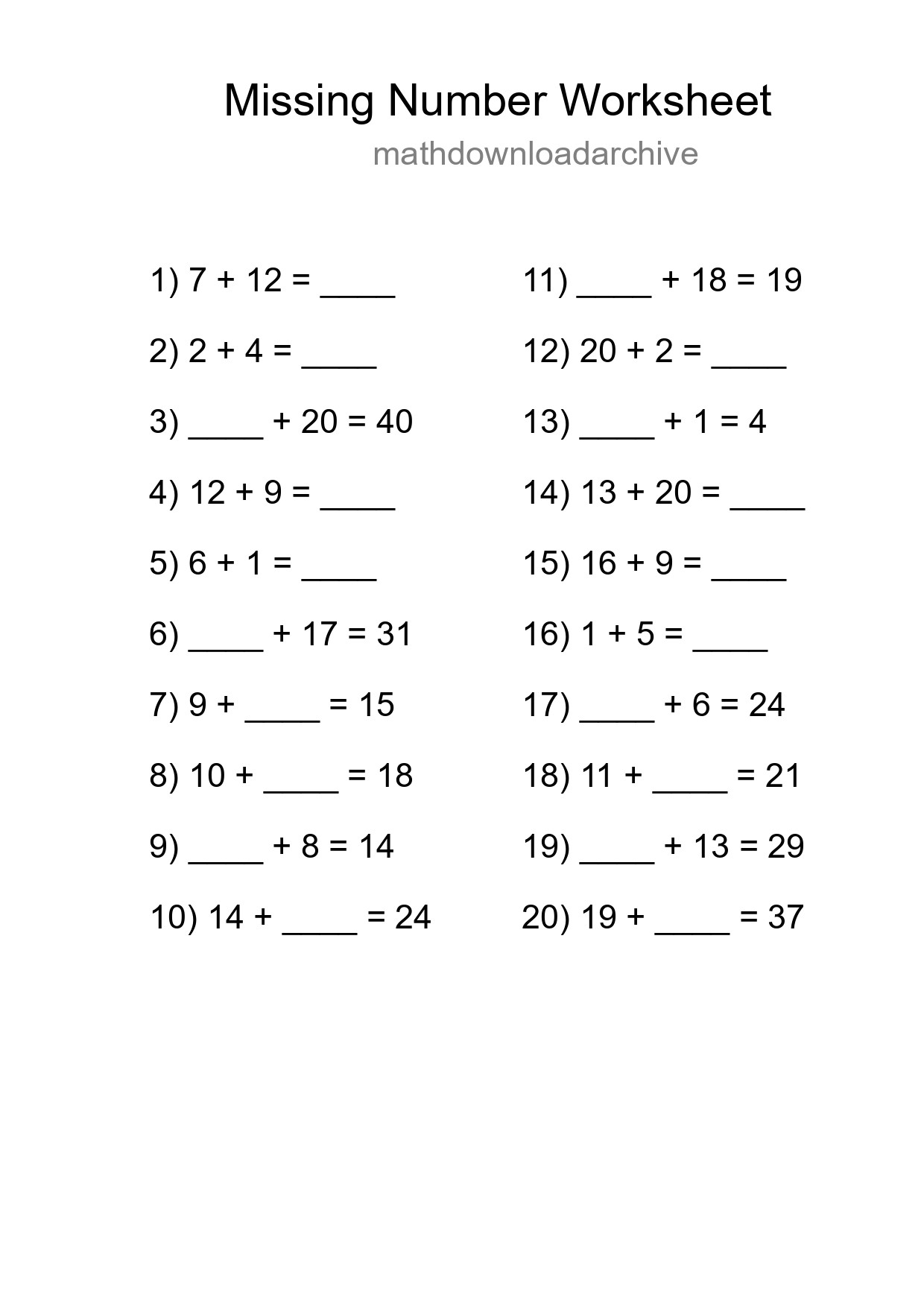 Missing Number Math Worksheet