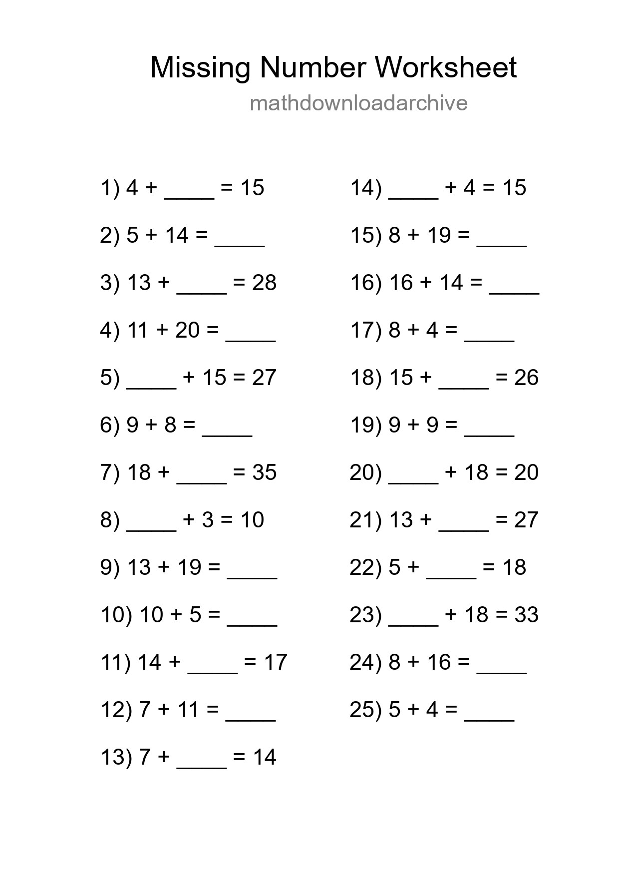 Missing Number Math Worksheet