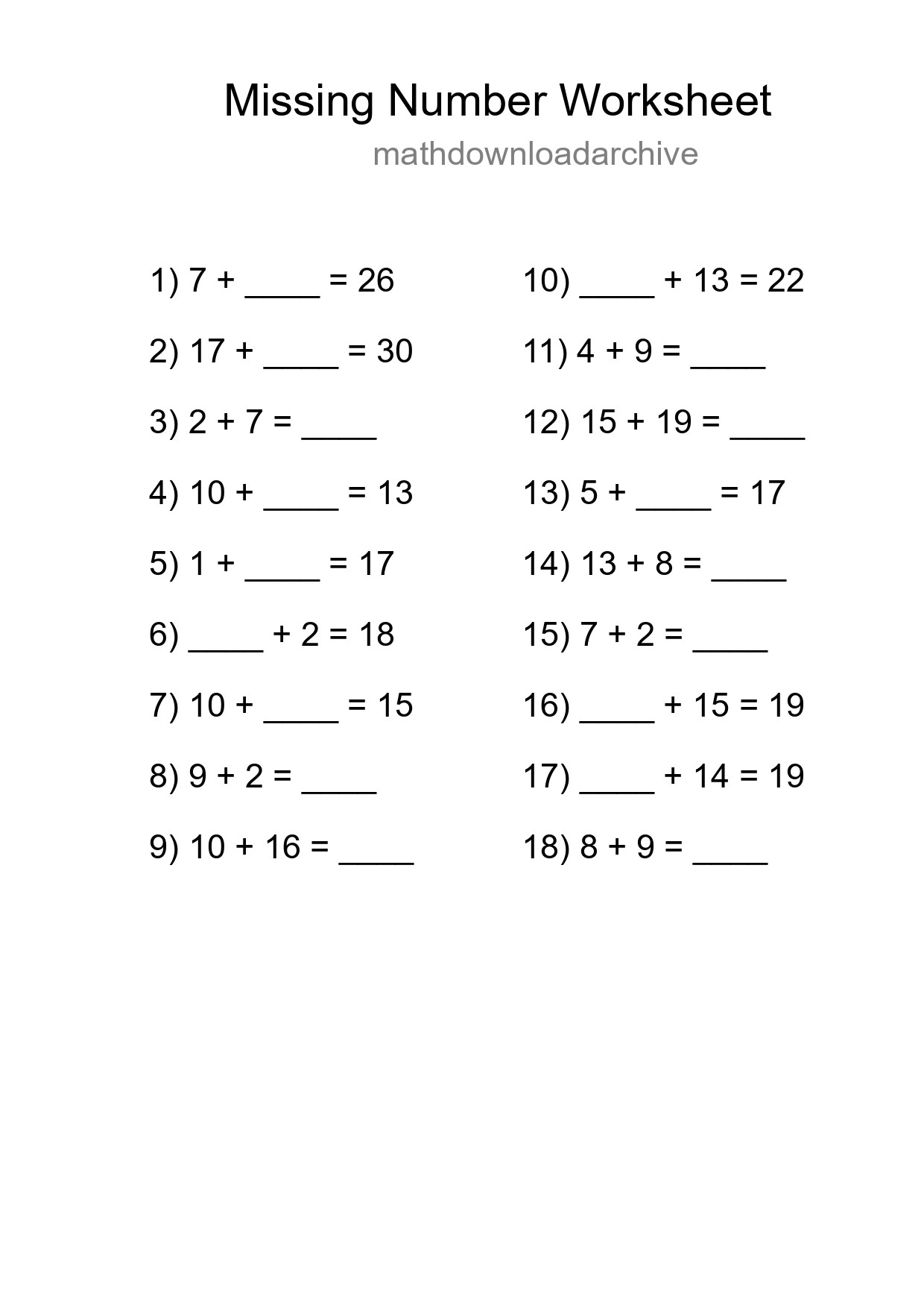 Missing Number Math Worksheet