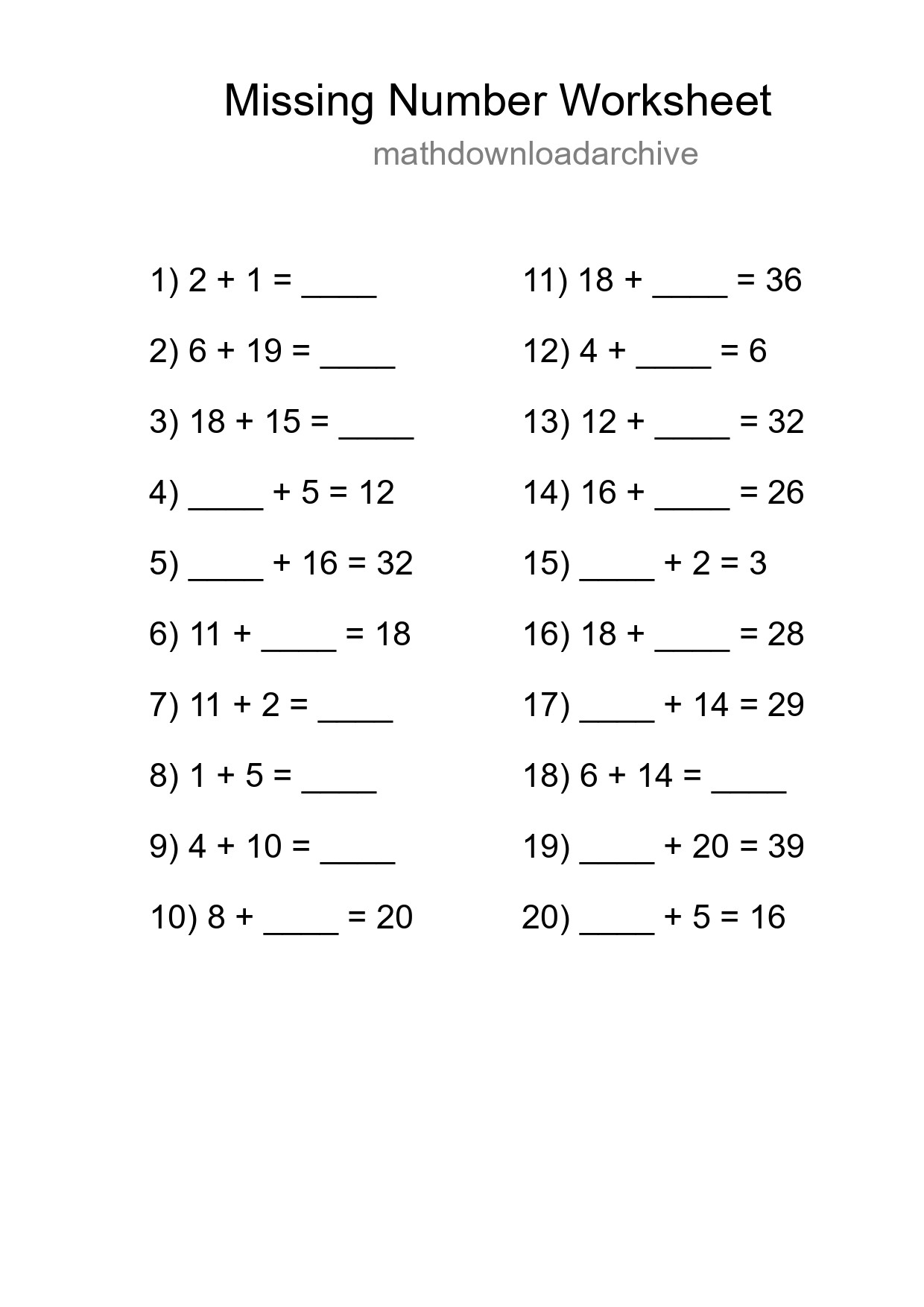 Missing Number Math Worksheet