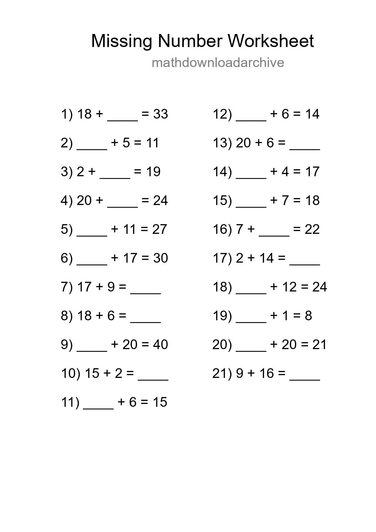 Missing Number Math Worksheet