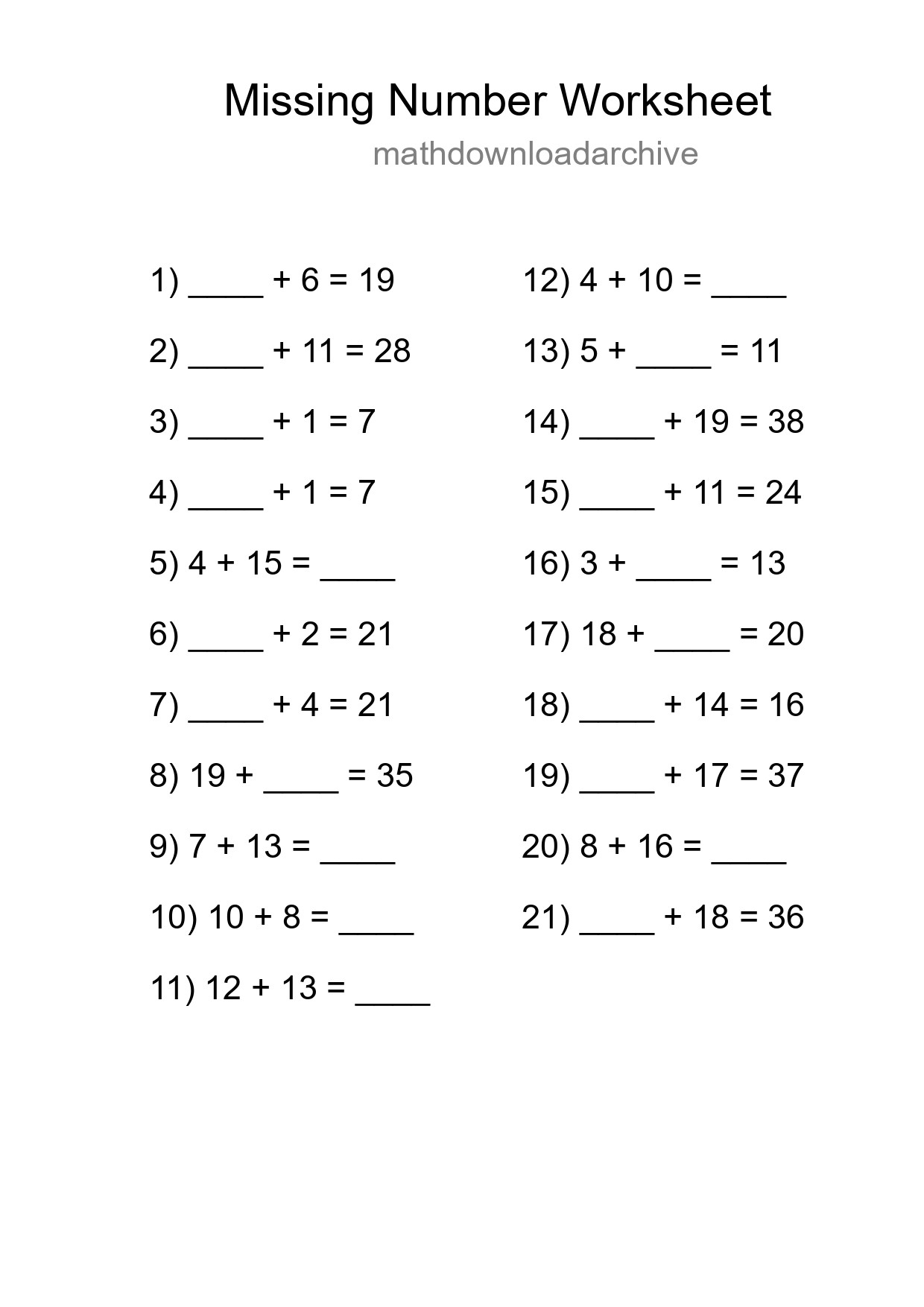 Missing Number Math Worksheet