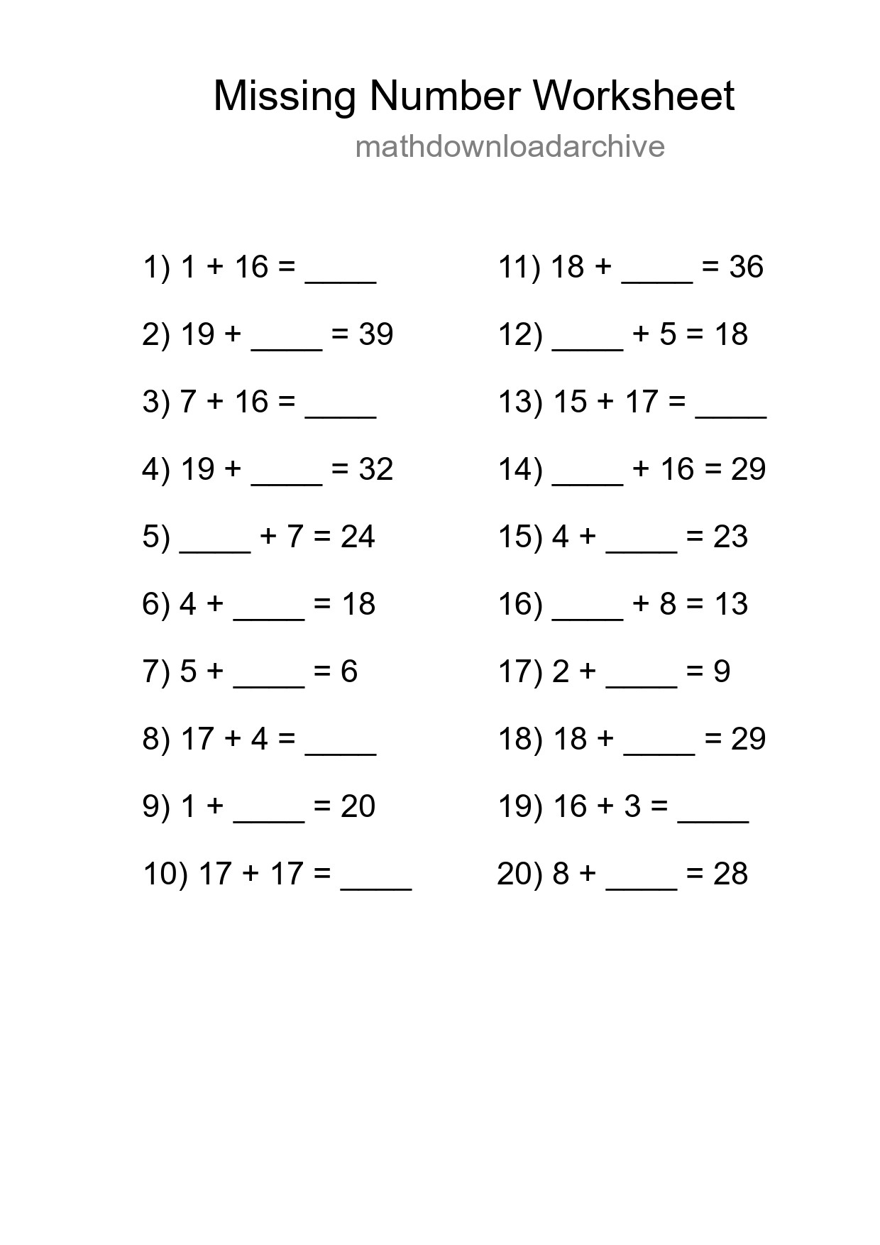 Missing Number Math Worksheet