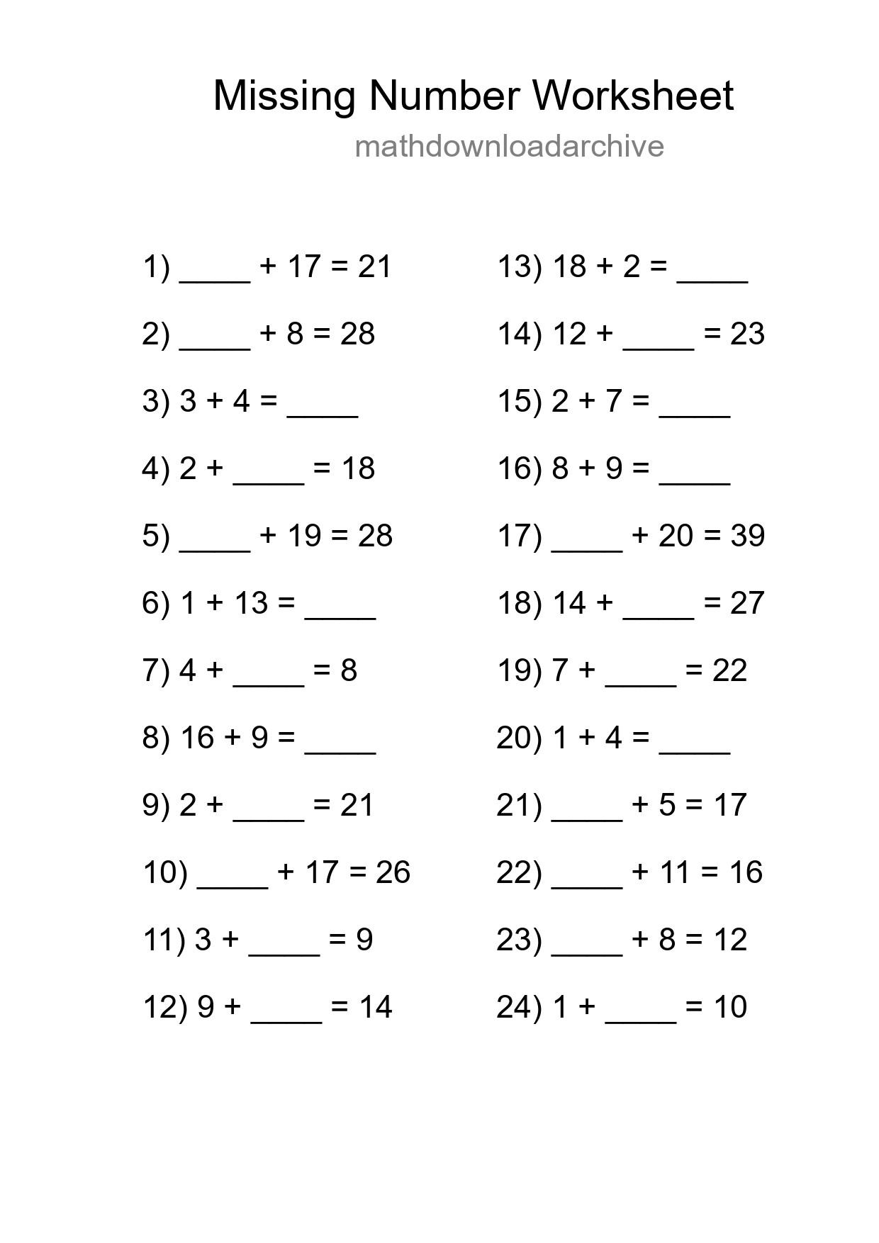 Missing Number Math Worksheet