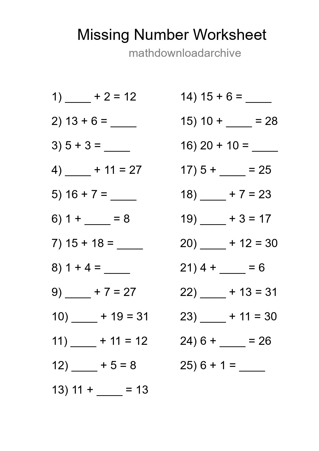 Missing Number Math Worksheet