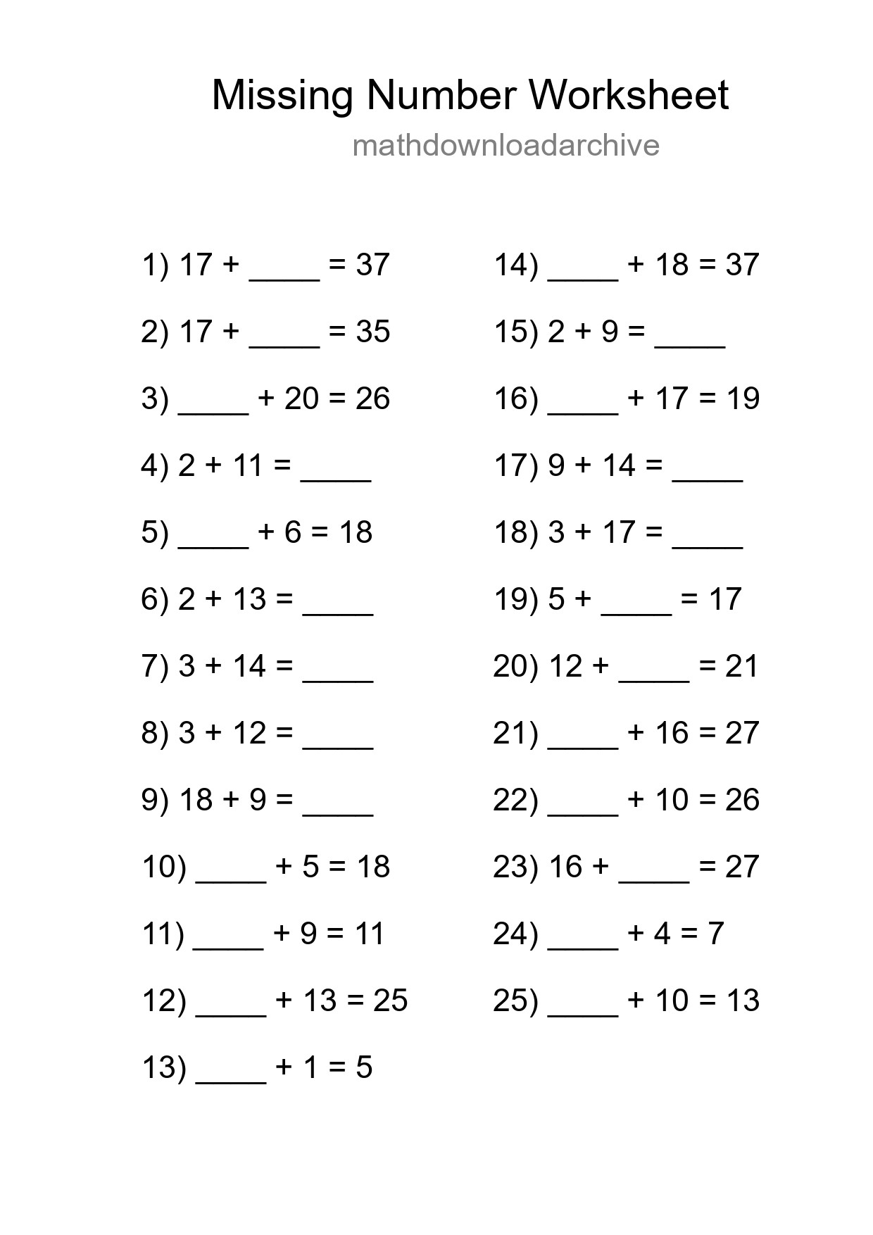 Missing Number Math Worksheet