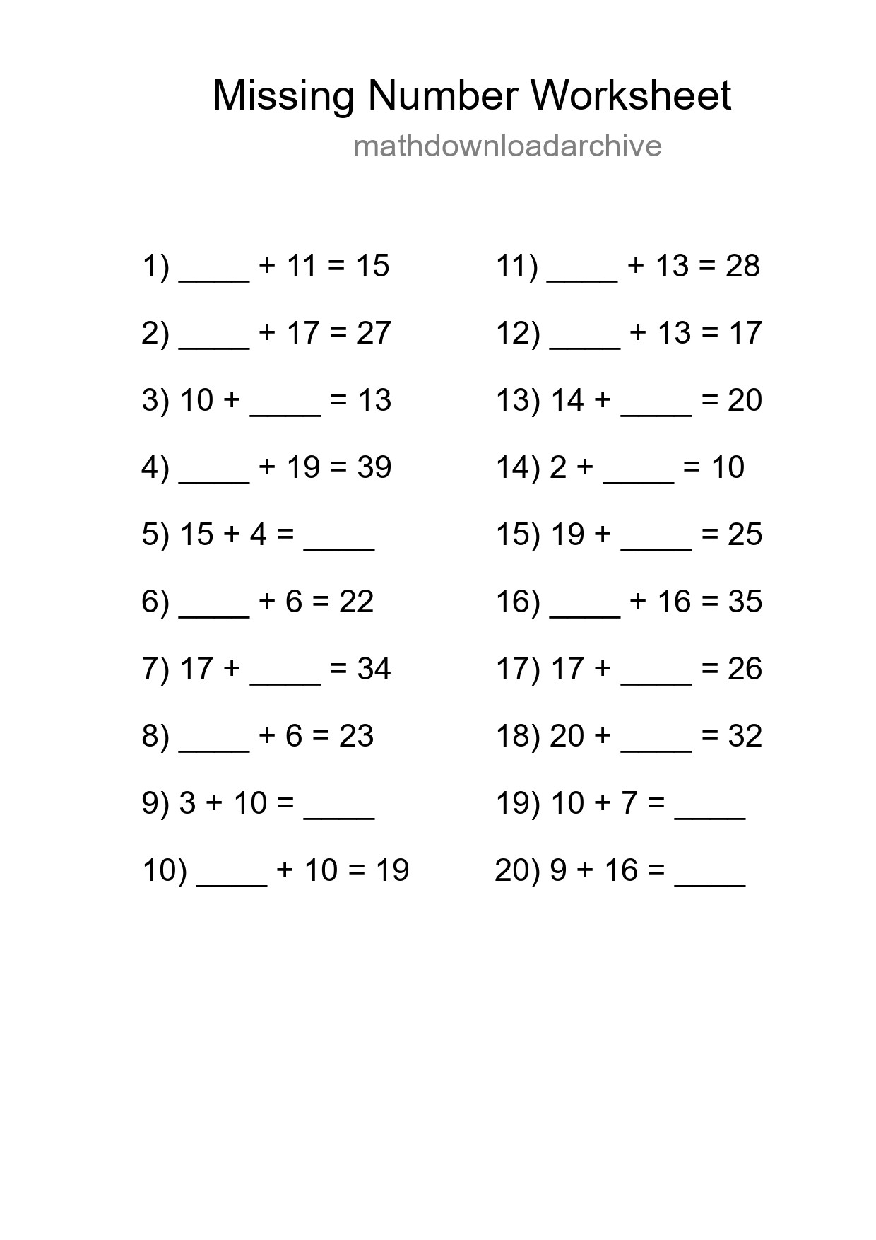 Missing Number Math Worksheet