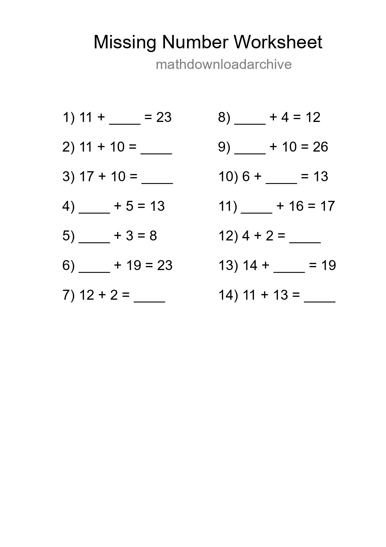 Missing Number Math Worksheet