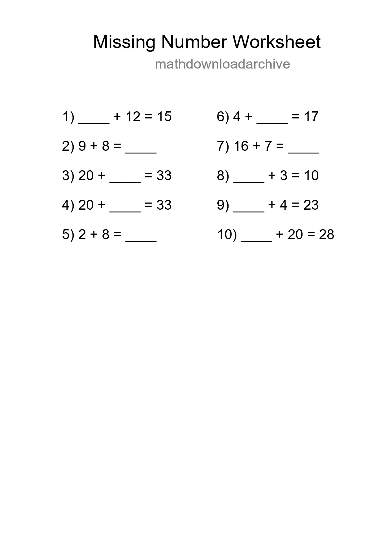 Missing Number Math Worksheet