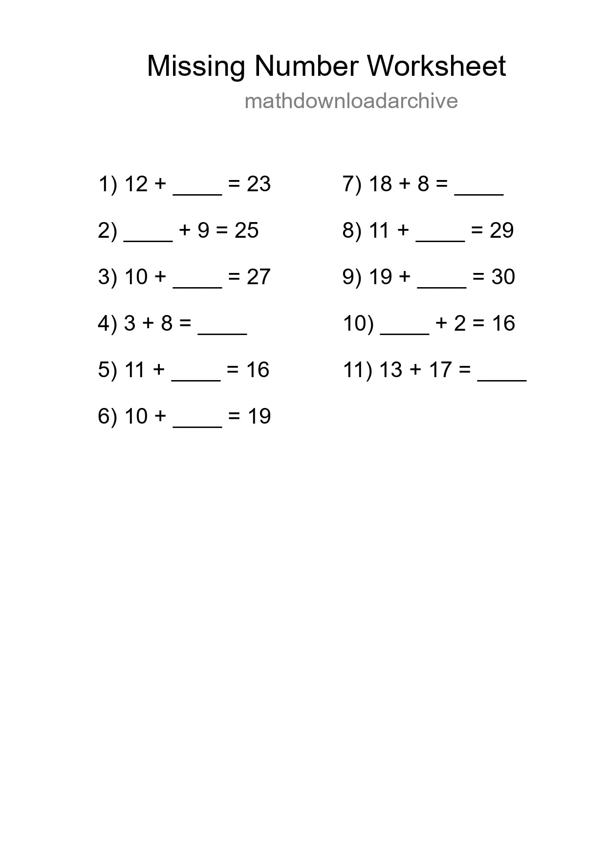 Missing Number Math Worksheet