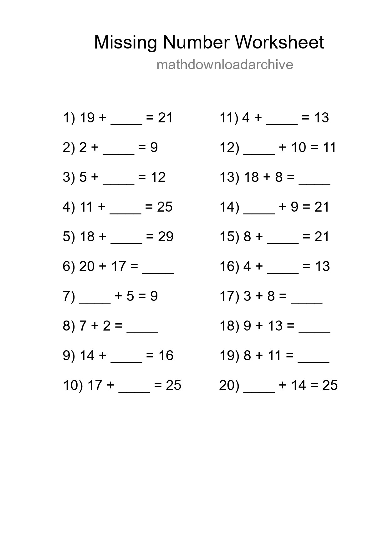 Missing Number Math Worksheet