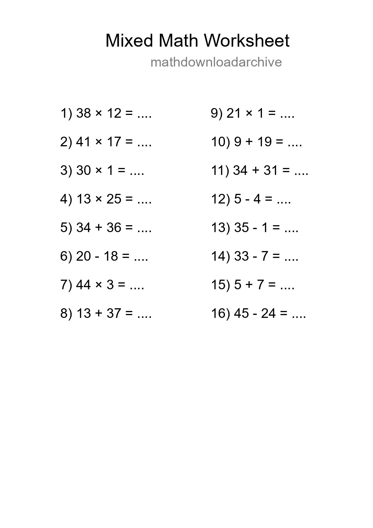 Mixed Operations Math Worksheet