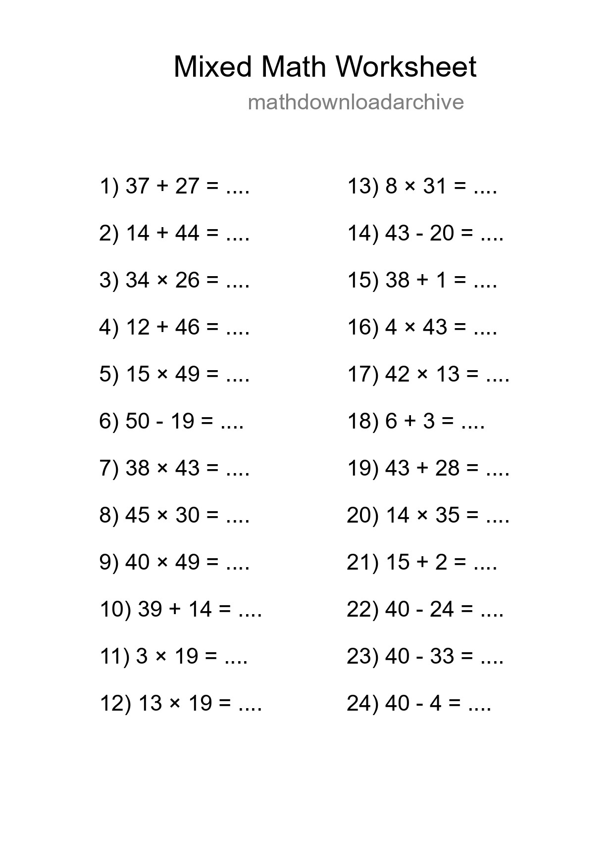 Mixed Operations Math Worksheet