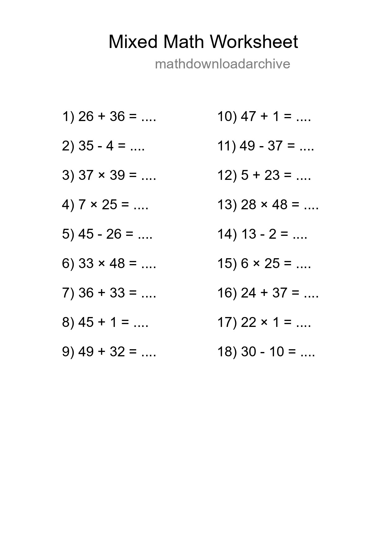 Mixed Operations Math Worksheet