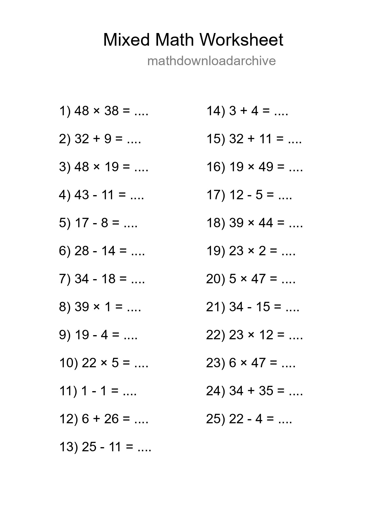 Mixed Operations Math Worksheet