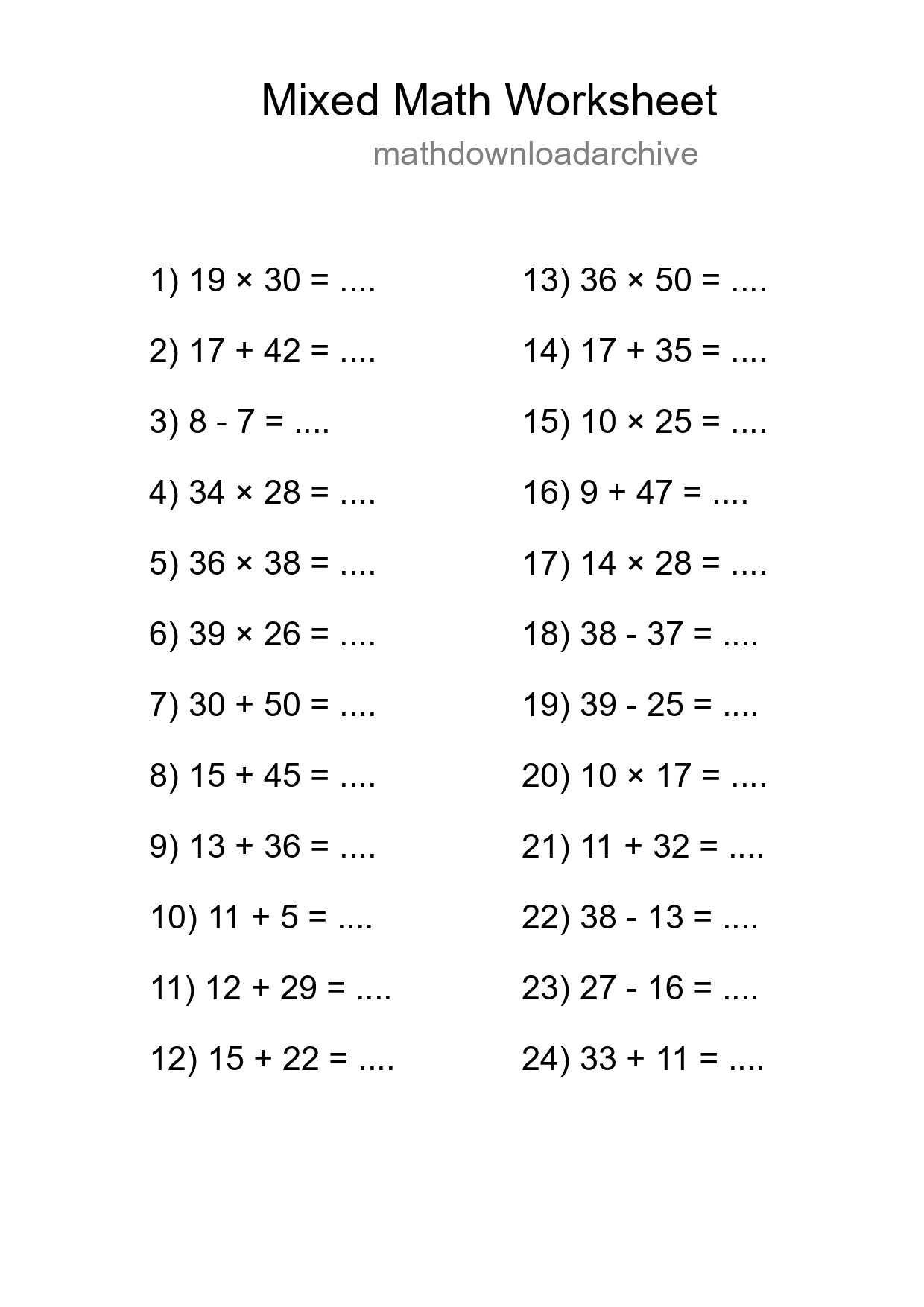 Mixed Operations Math Worksheet
