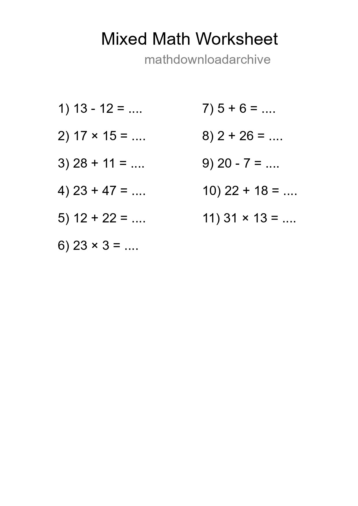 Mixed Operations Math Worksheet