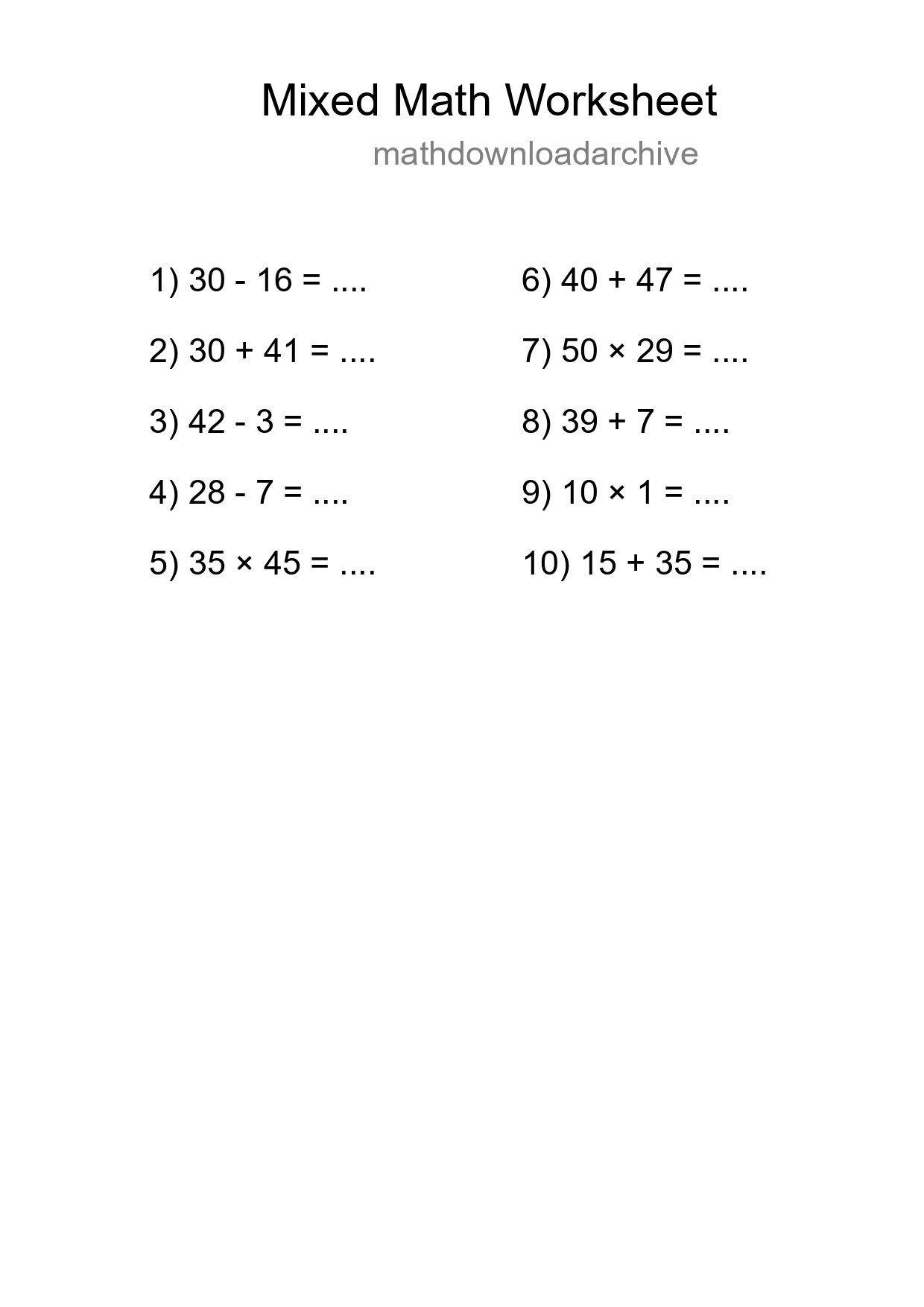 Mixed Operations Math Worksheet