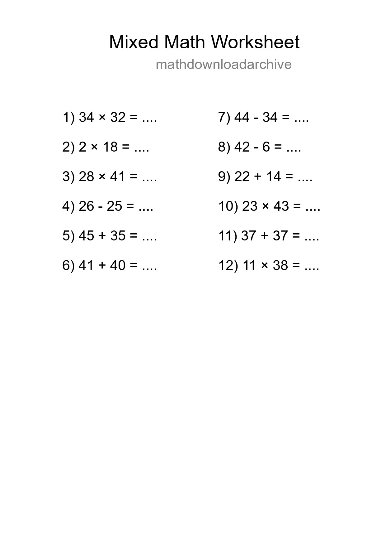 Mixed Operations Math Worksheet