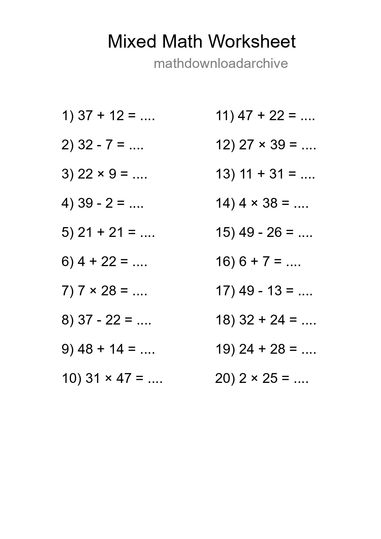 Mixed Operations Math Worksheet