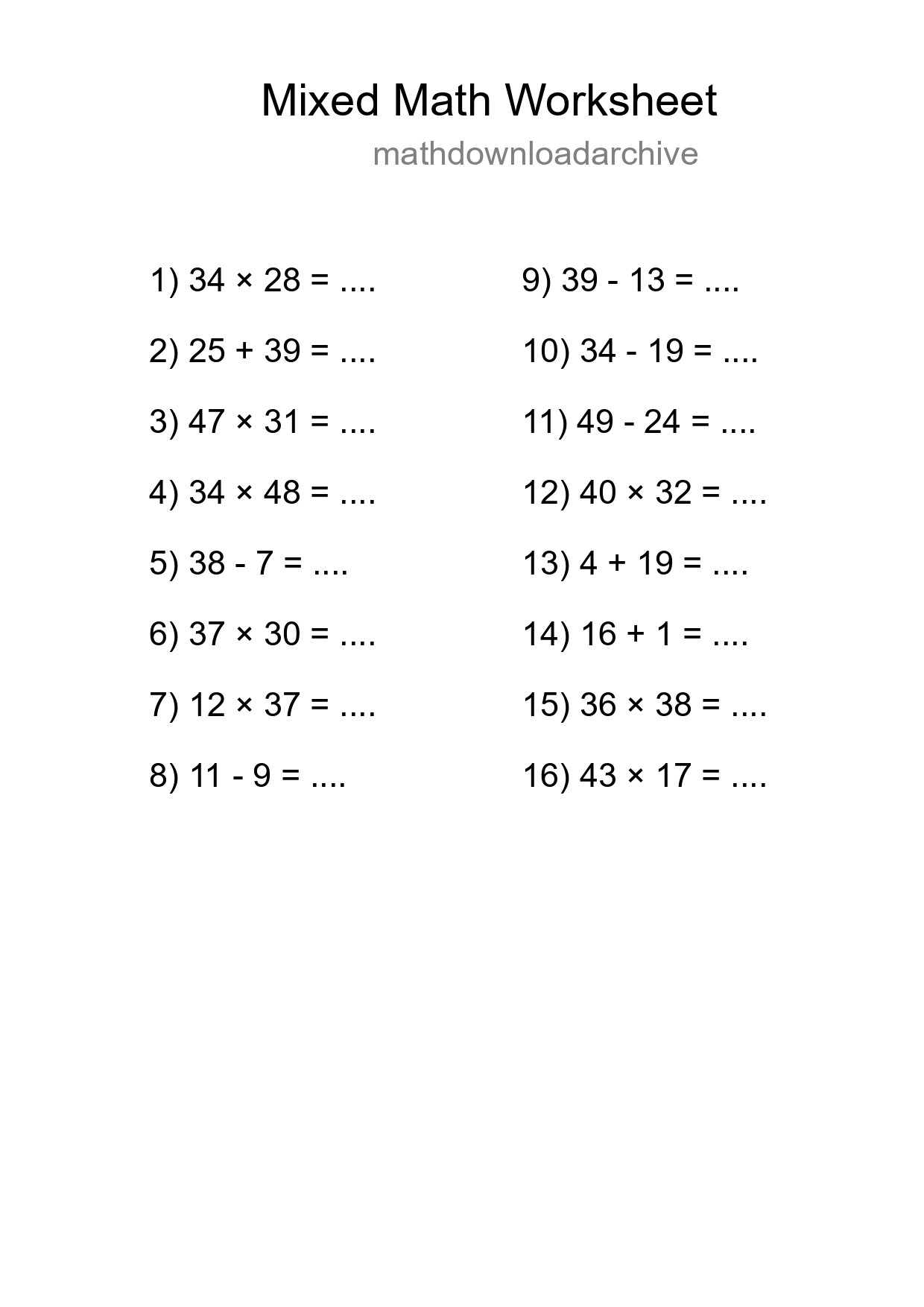 Mixed Operations Math Worksheet