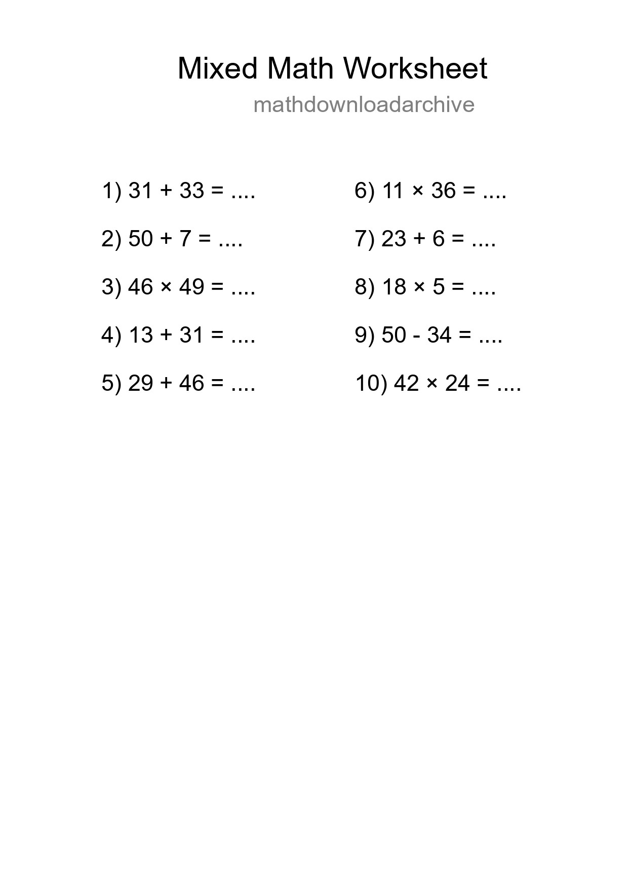 Mixed Operations Math Worksheet