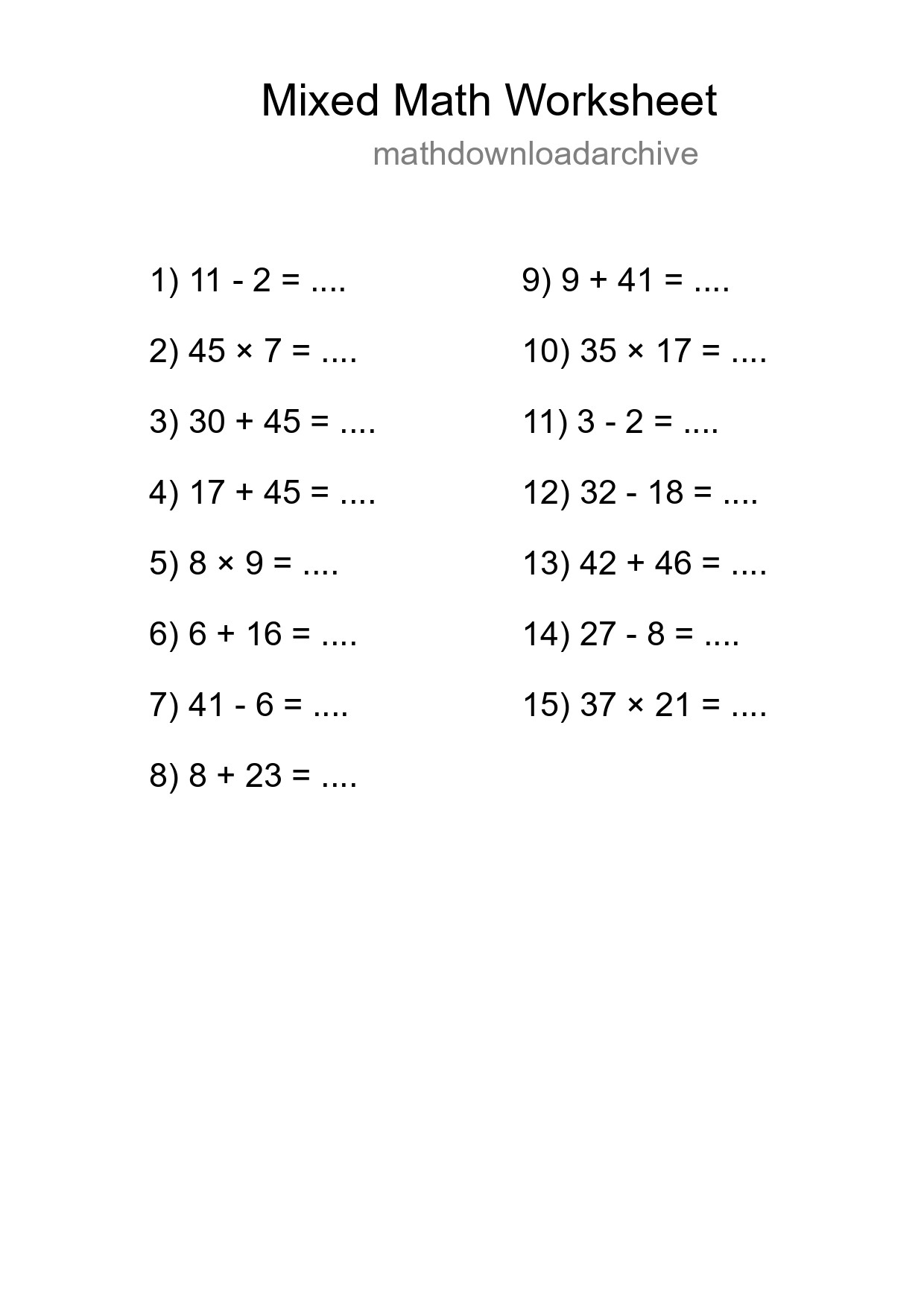 Mixed Operations Math Worksheet