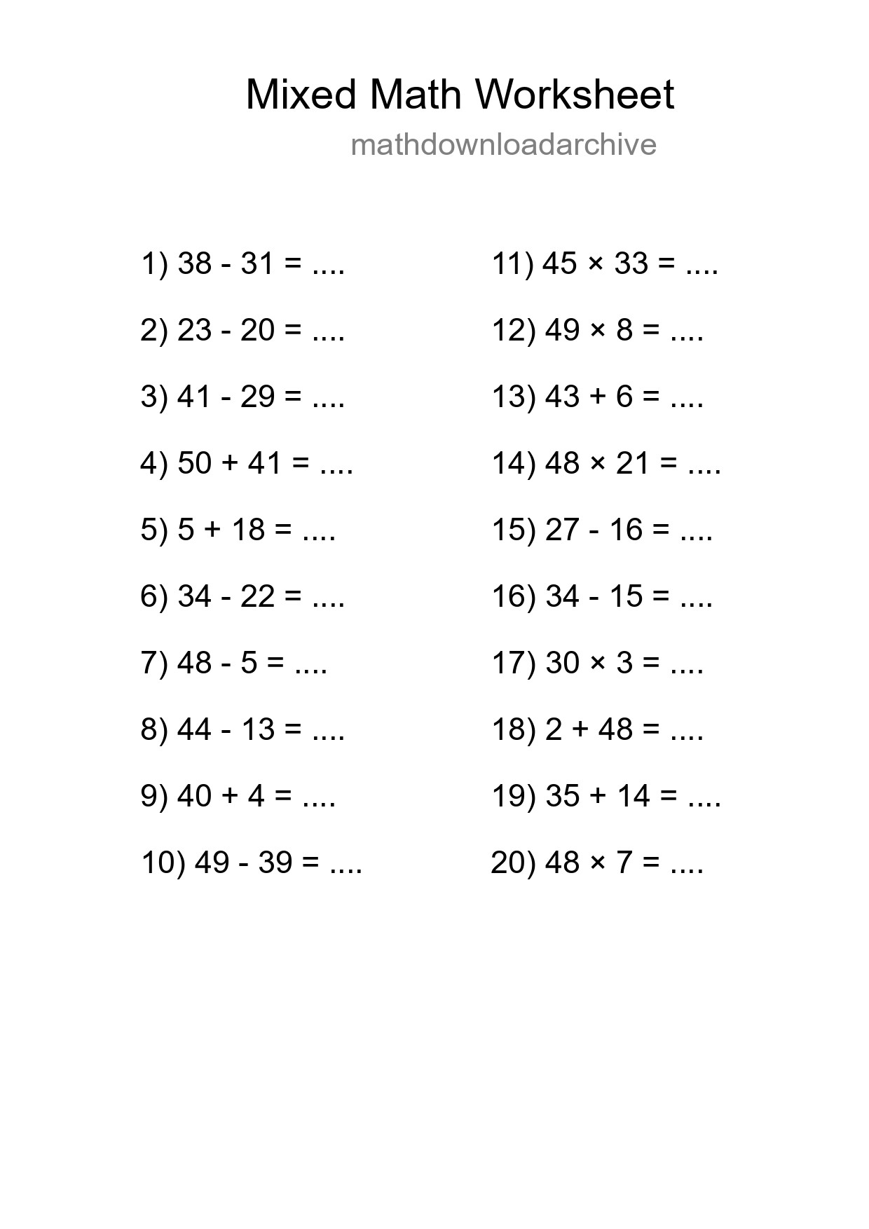 Mixed Operations Math Worksheet