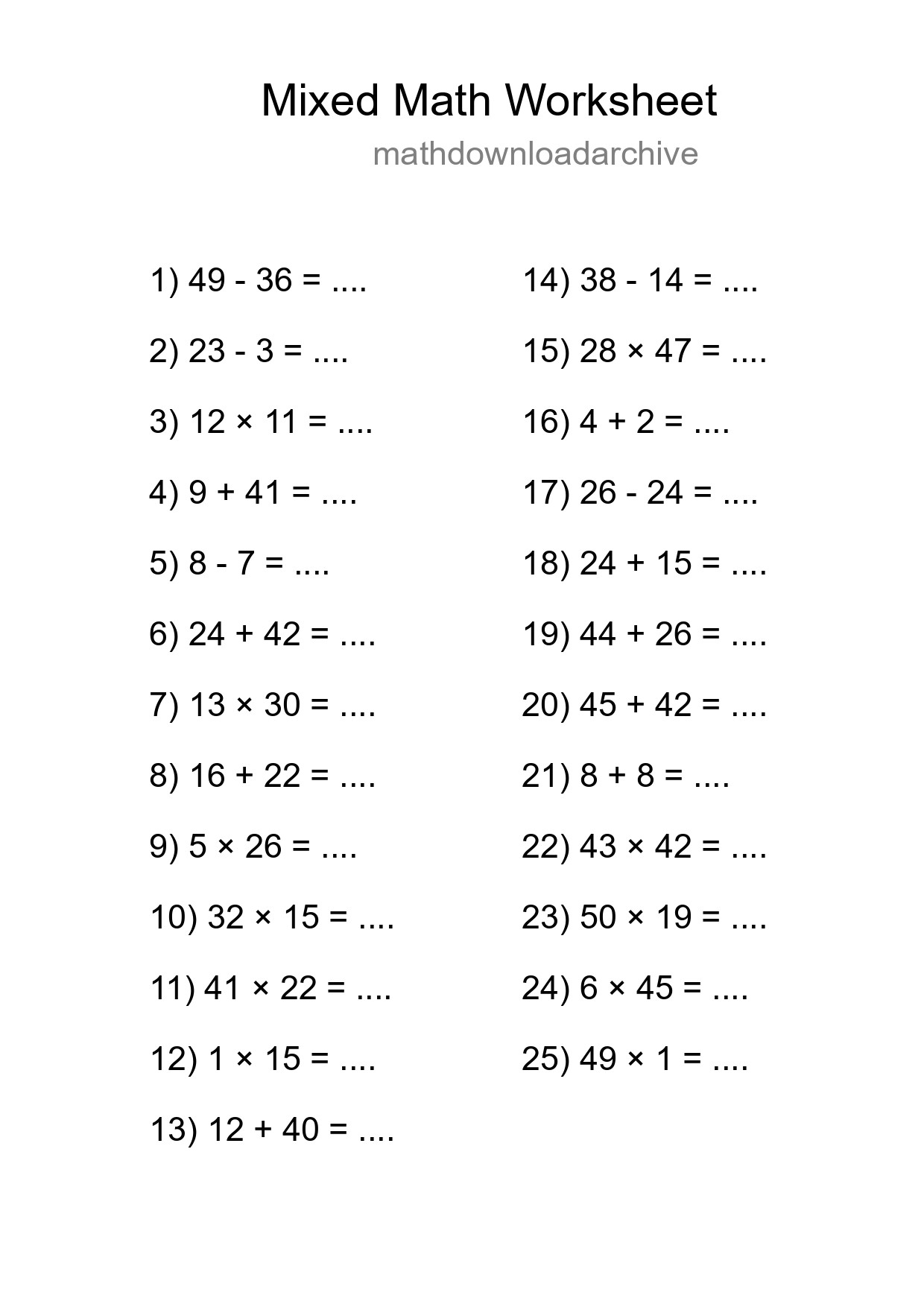 Mixed Operations Math Worksheet