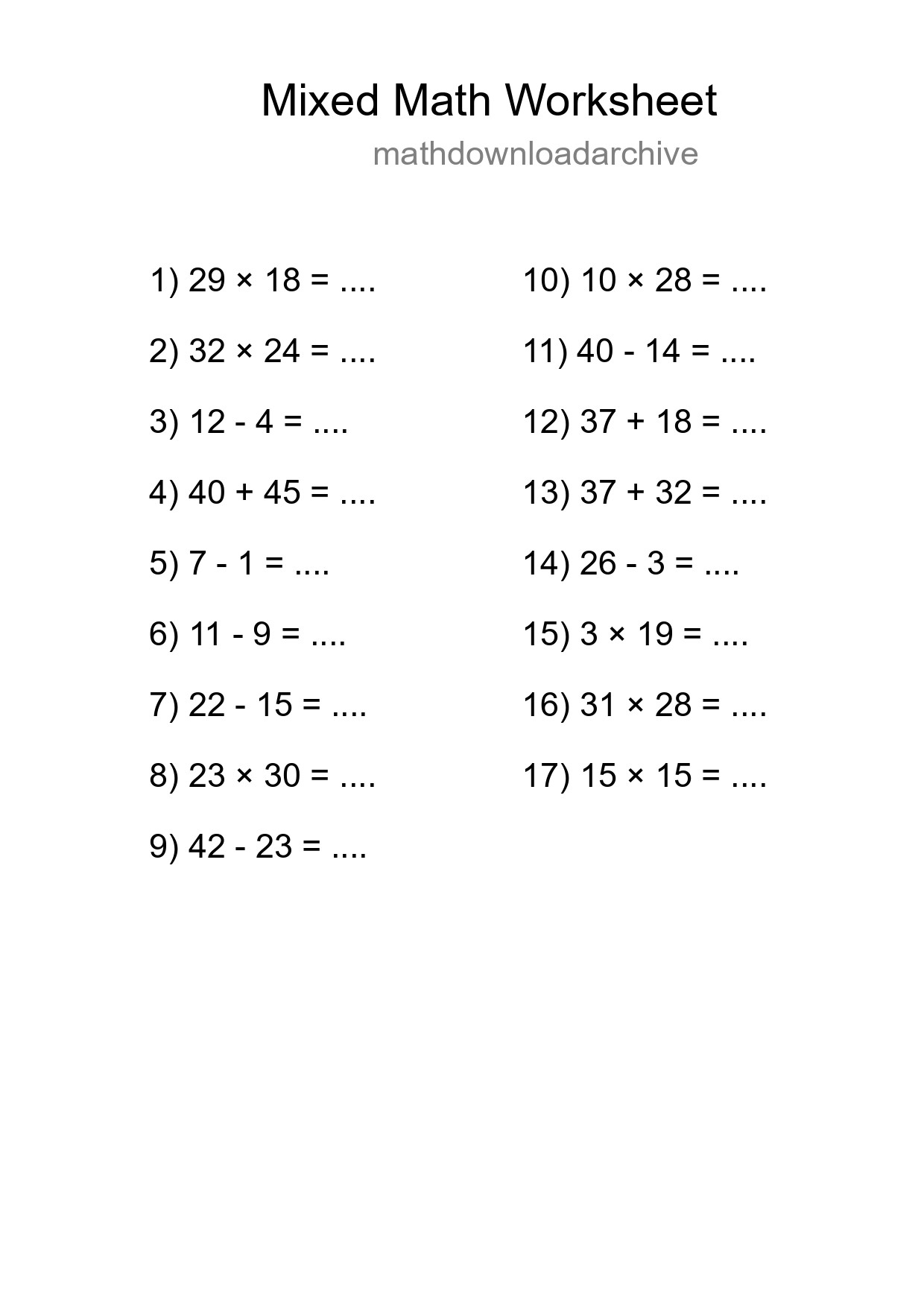 Mixed Operations Math Worksheet