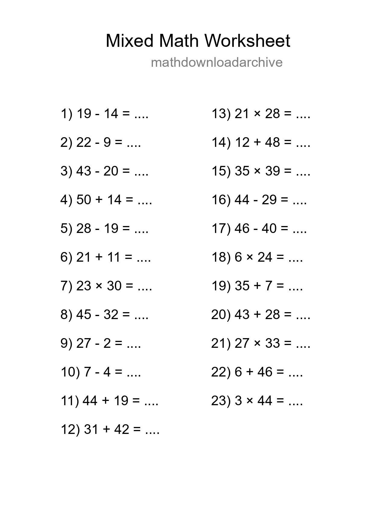 Mixed Operations Math Worksheet