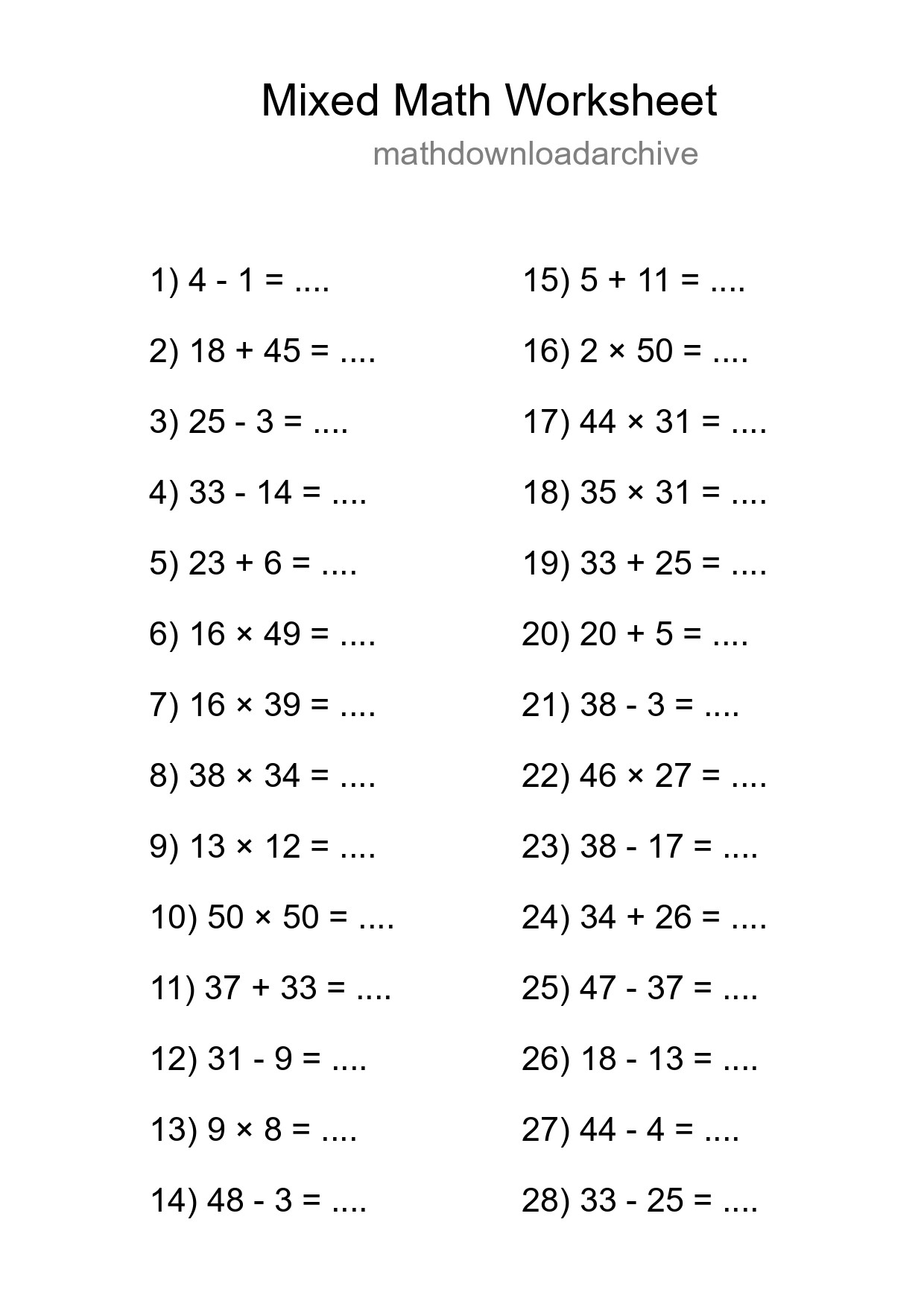 Mixed Operations Math Worksheet