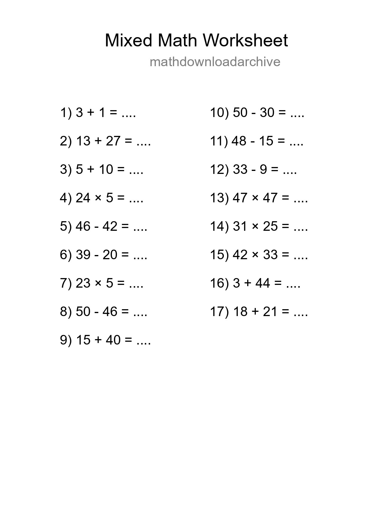 Mixed Operations Math Worksheet