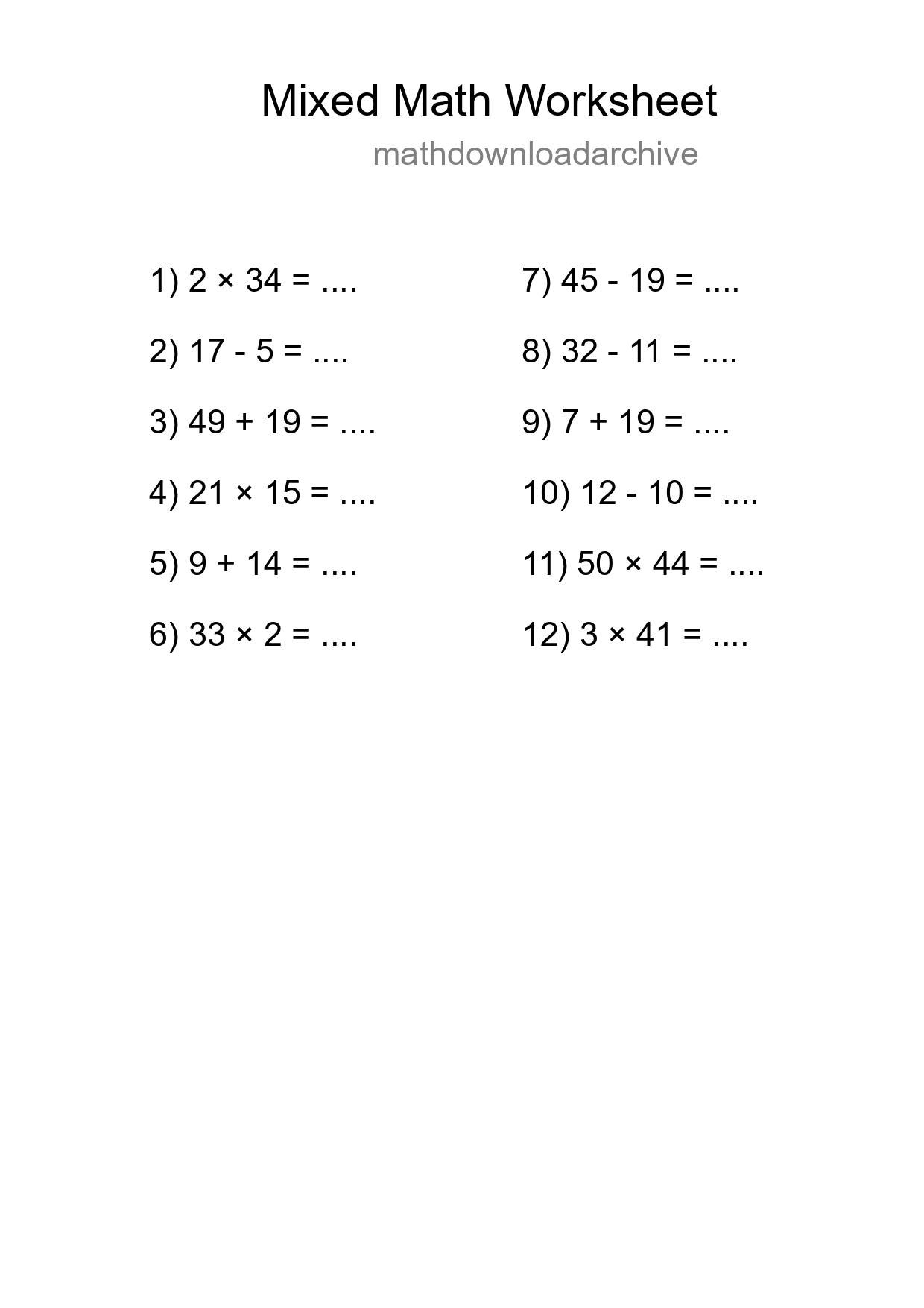 Mixed Operations Math Worksheet