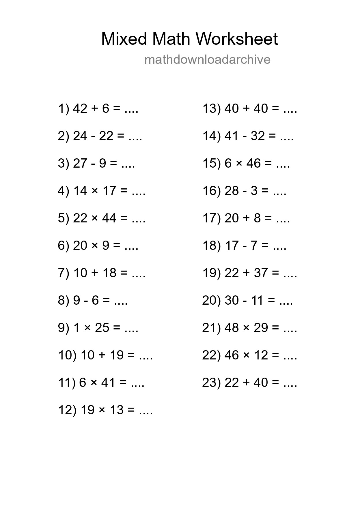 Mixed Operations Math Worksheet